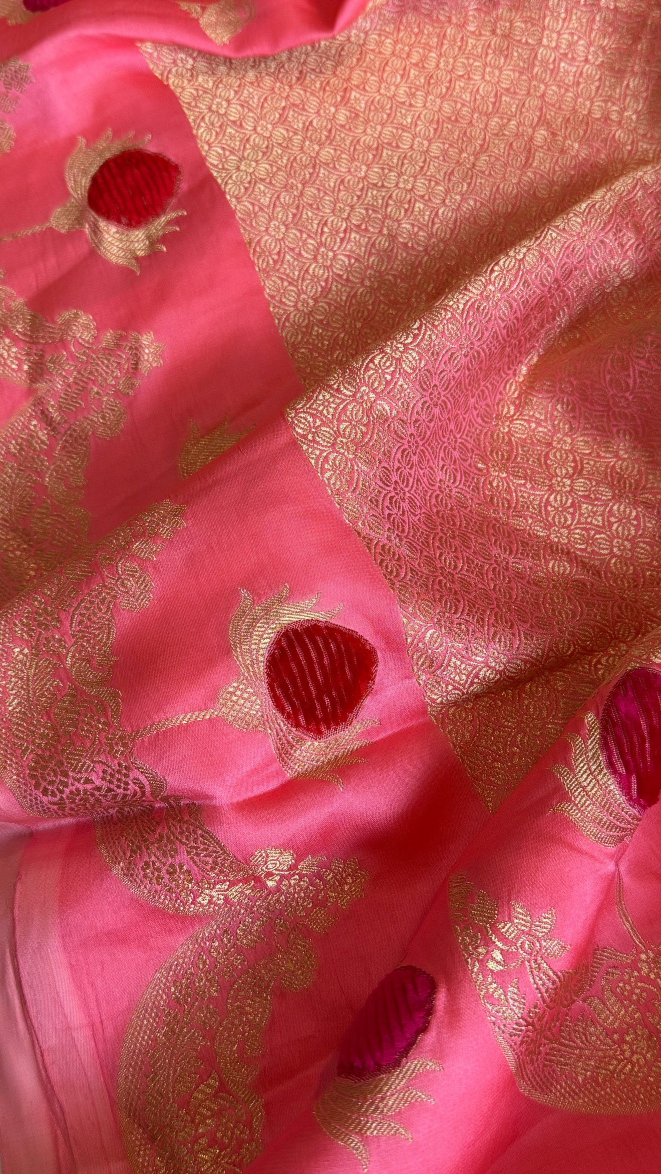 Banarasi peachy pink mashru silk heavy weaving kadhwa velvet hand embroidered saree