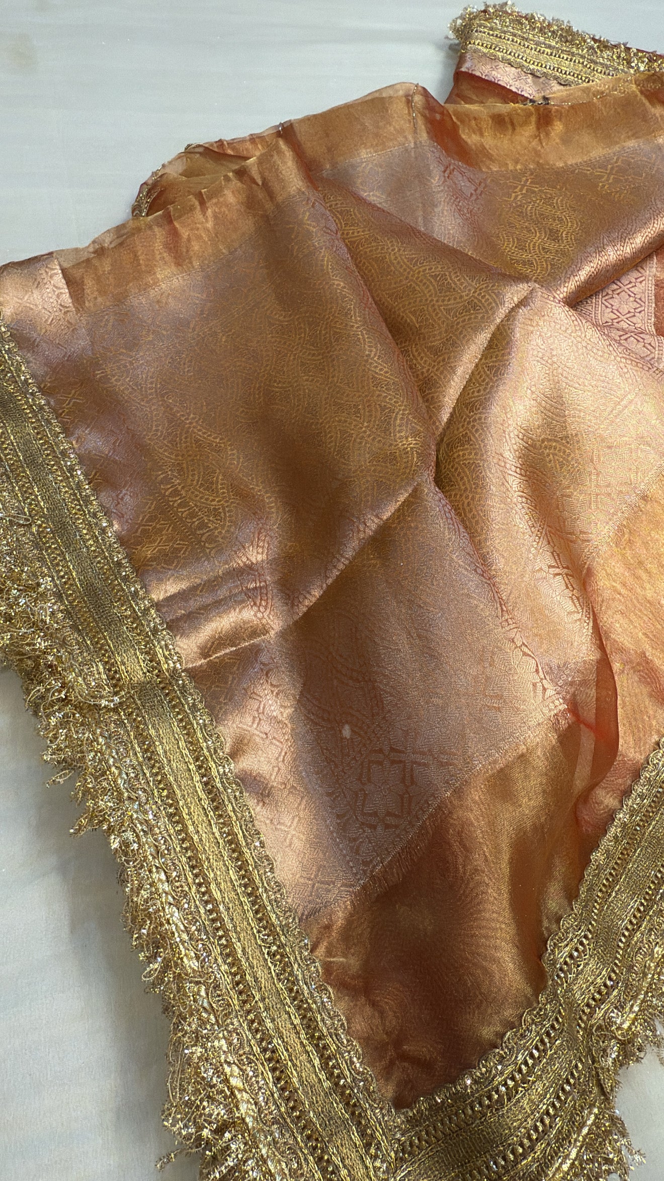 Husn tangerine red tissue silk hand embroidered saree