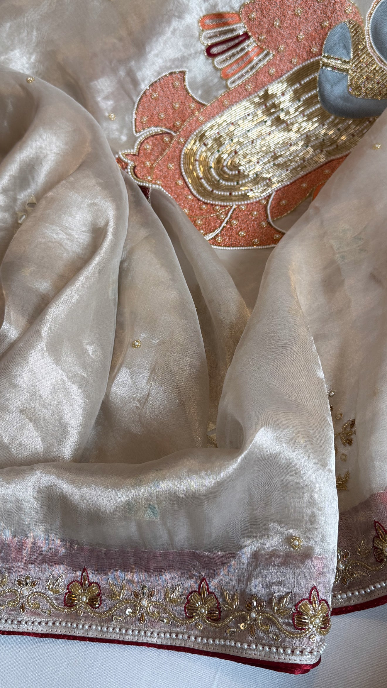 Radhika merchant inspired shreenathji motif diamond tissue silk hand embroidered saree