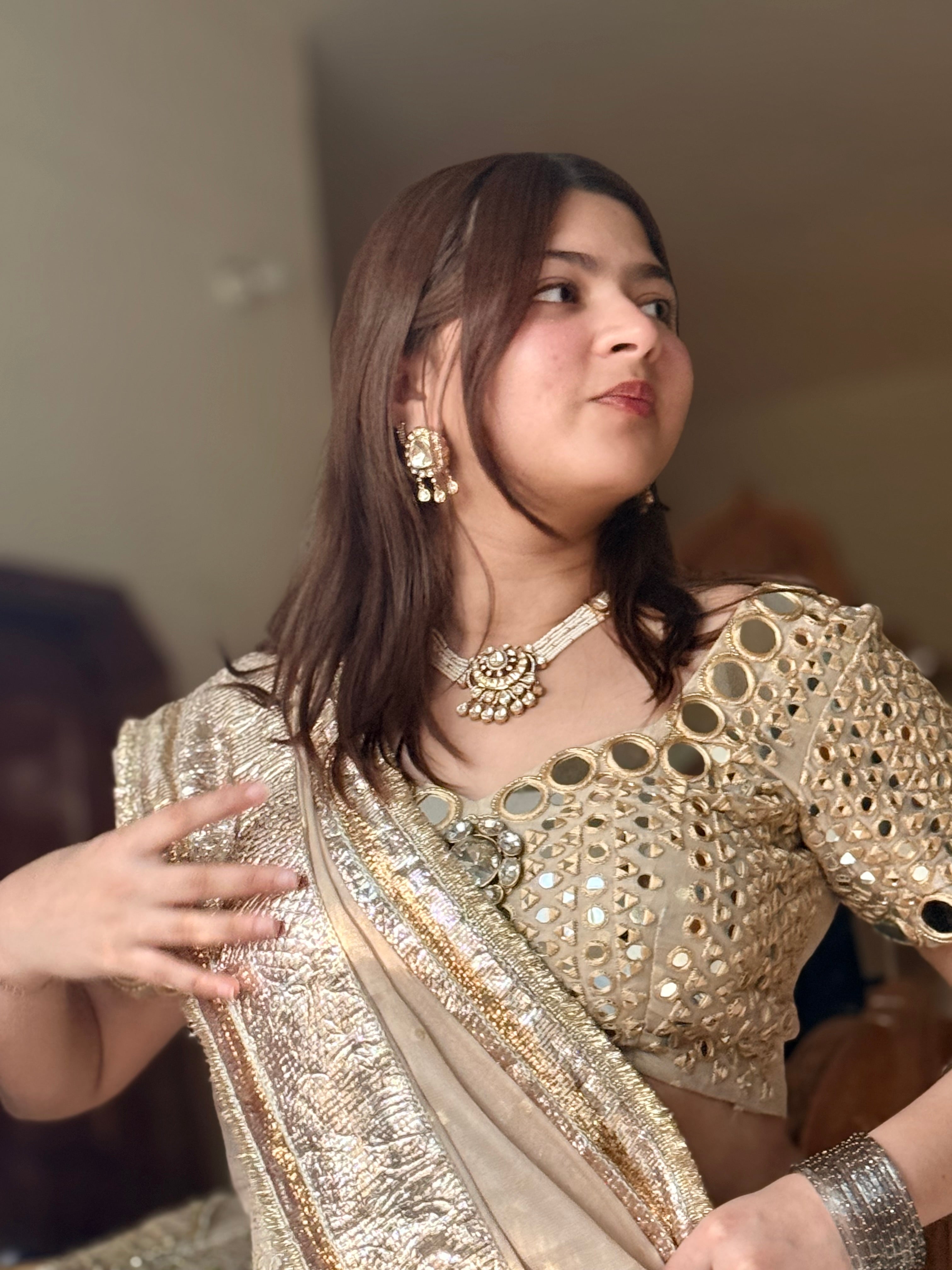 Lampi gota edit - Butter gold tissue gorgette kadhwa buti hand embroidered saree