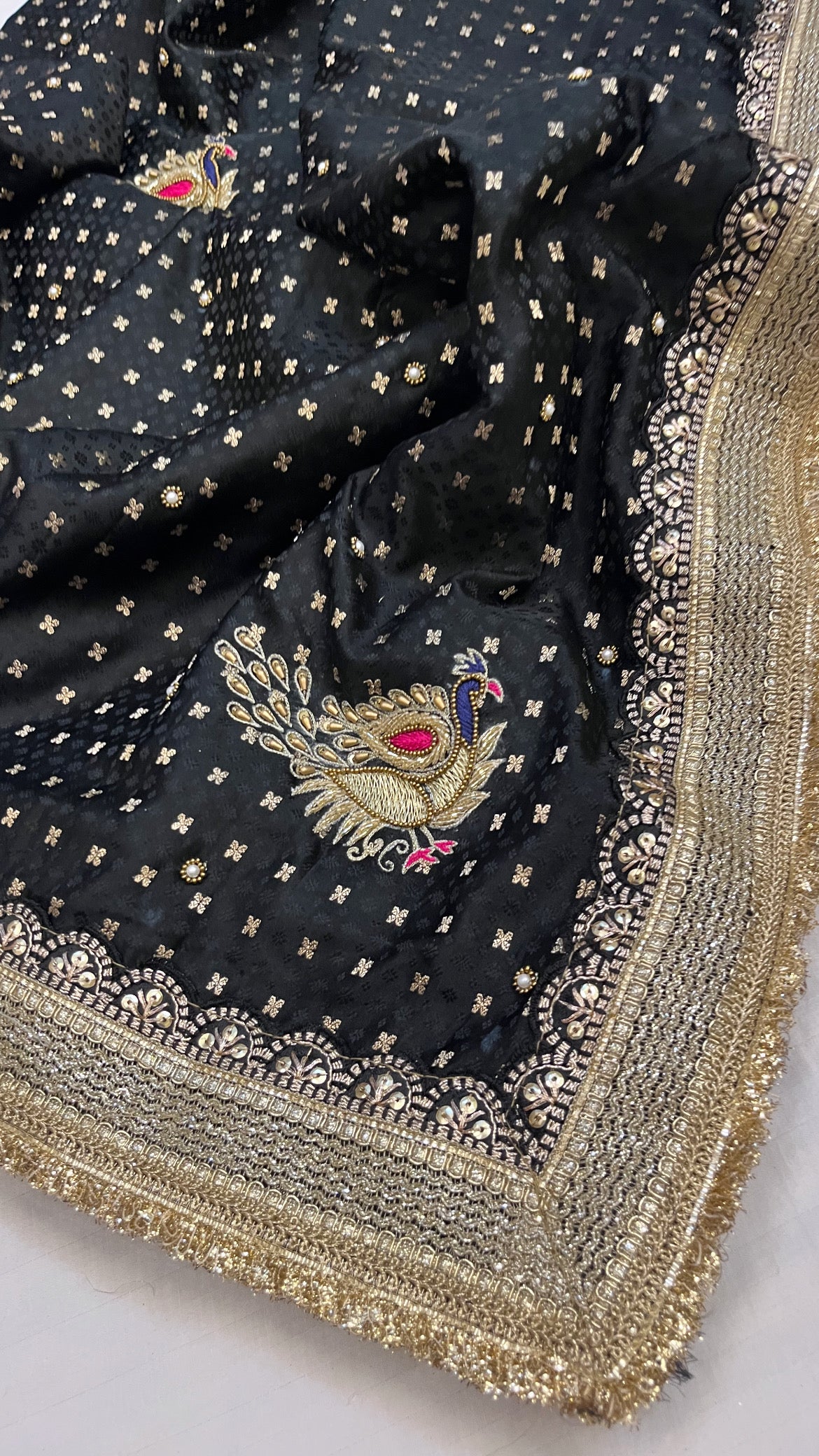 Husn black mashru silk tanchoi hand embroidered saree