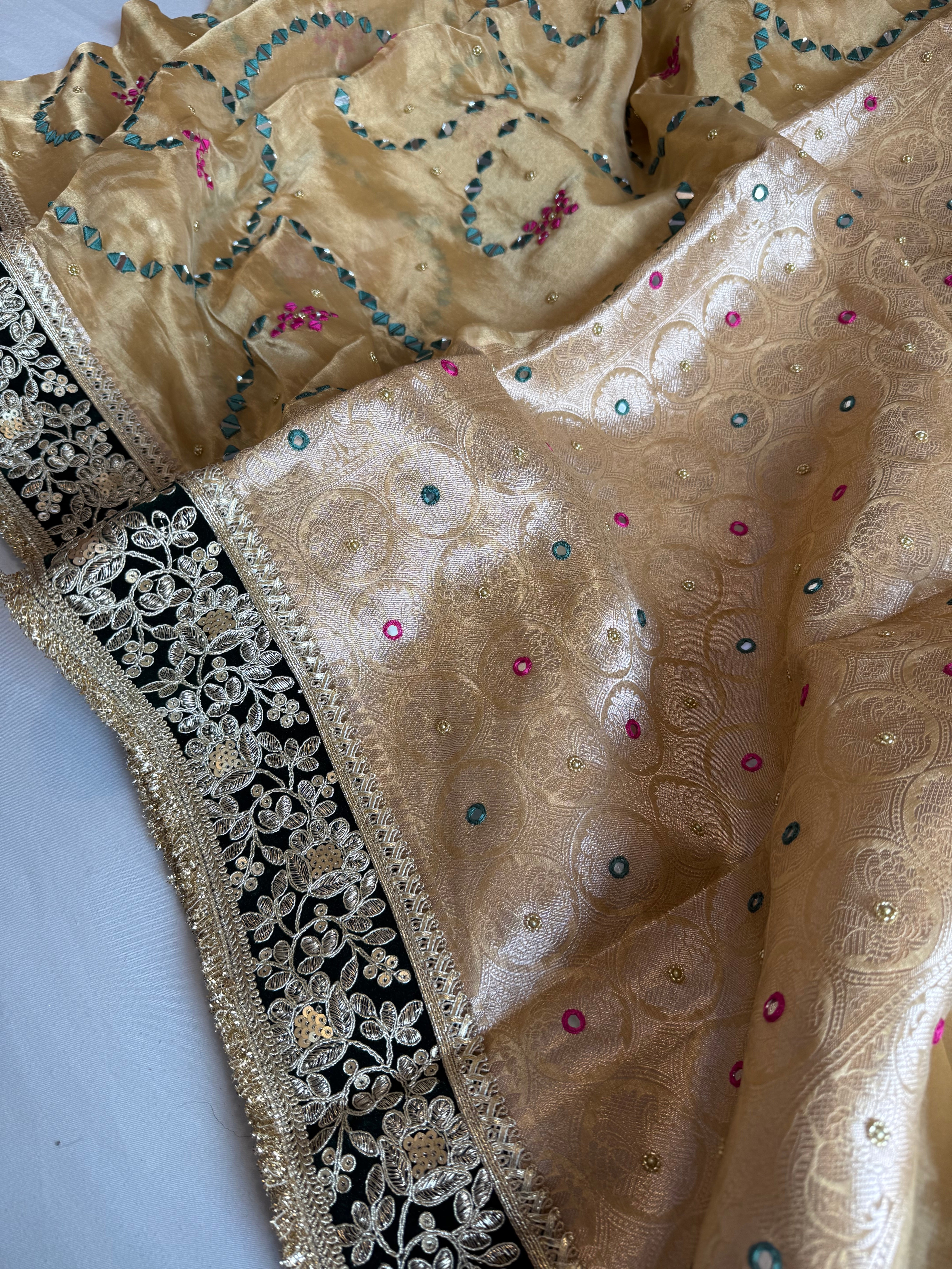 Sheesham edit - Heavy mirror work double tissue silk hand embroidered saree