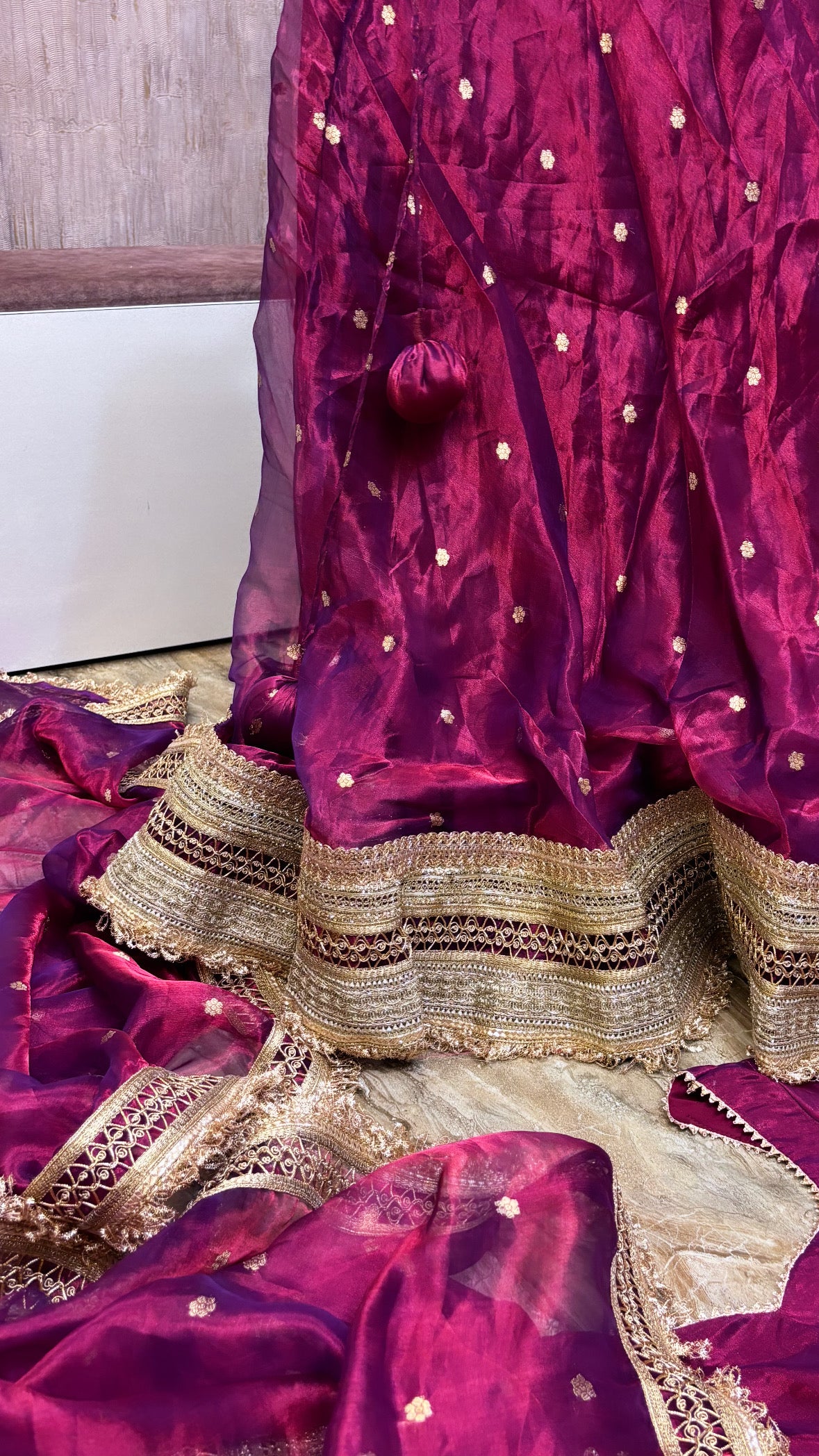 Mastani midnight blood red tissue silk kadhwa buti dhup chao effect saree