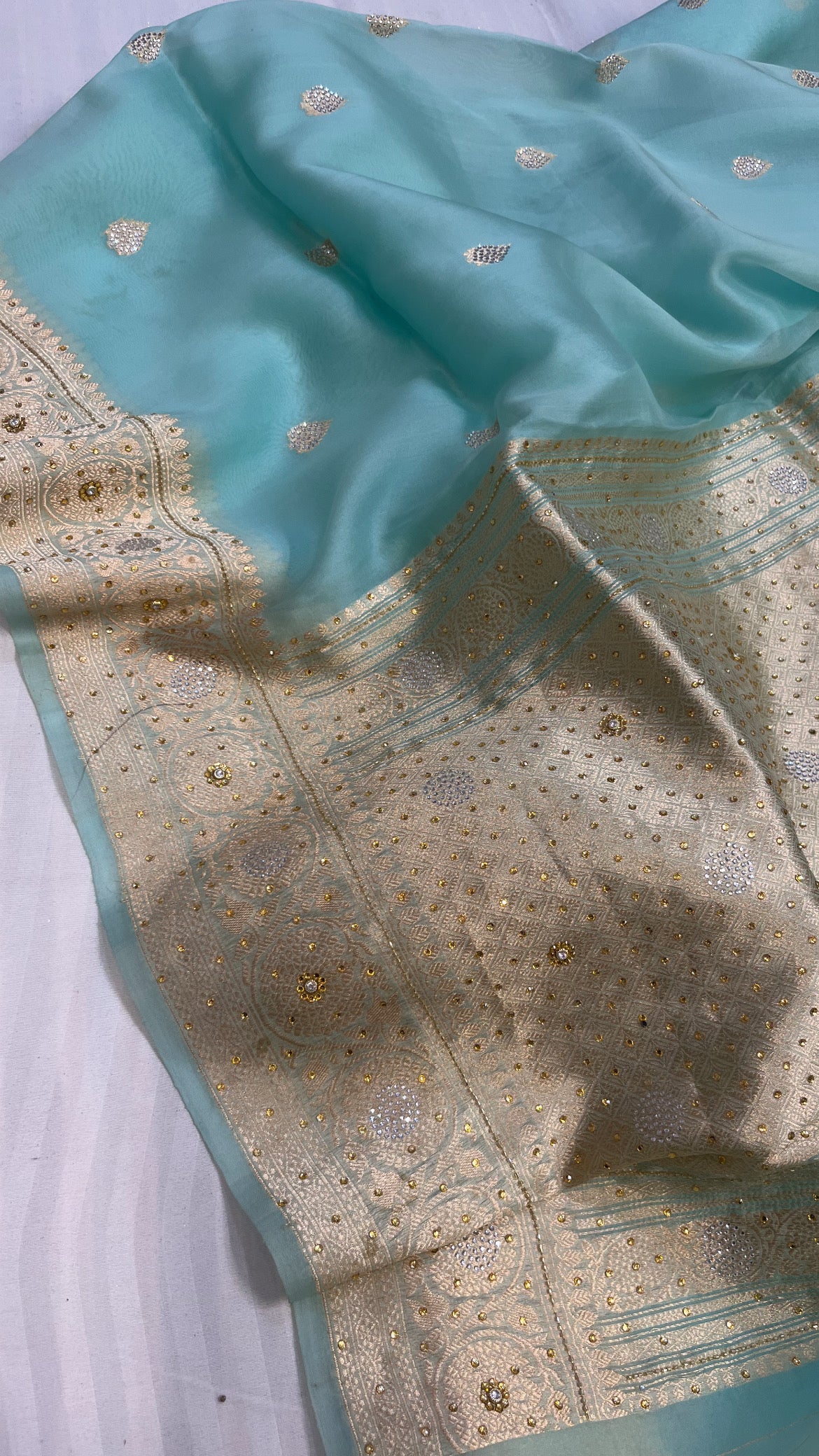 Ice blue sitara kora silk stonework saree