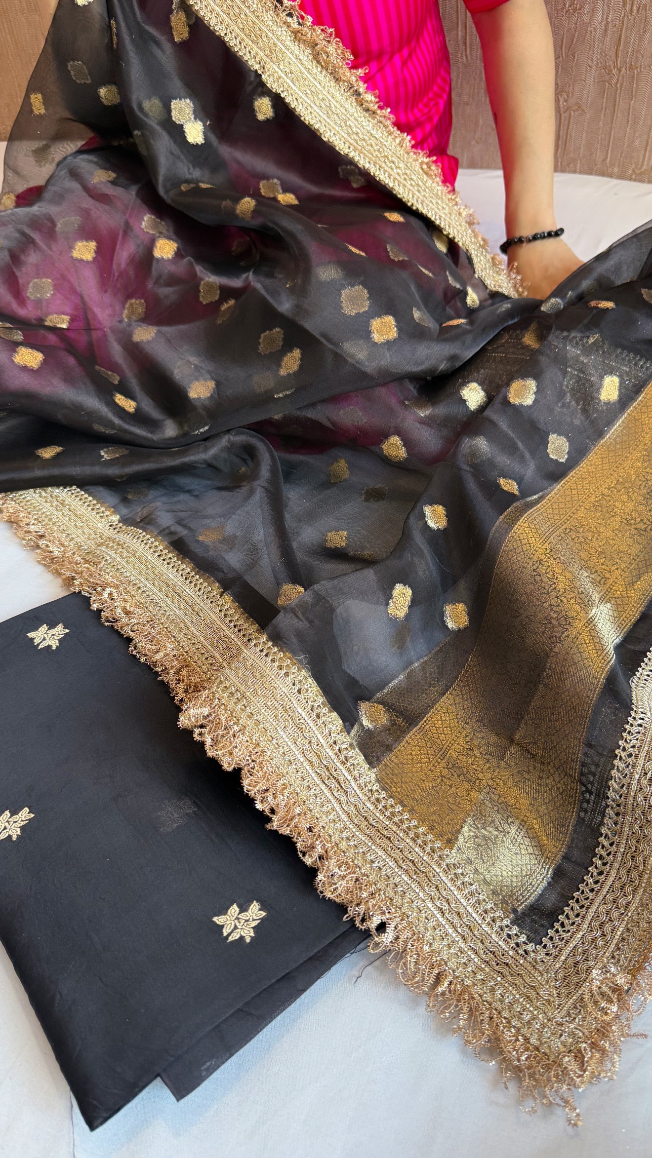 Black kora silk kadhwa gotapatti buti suit set