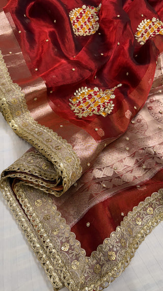 “Sagaai ki saree” — Rose red tissue silk hand embroidered kadhwa saree