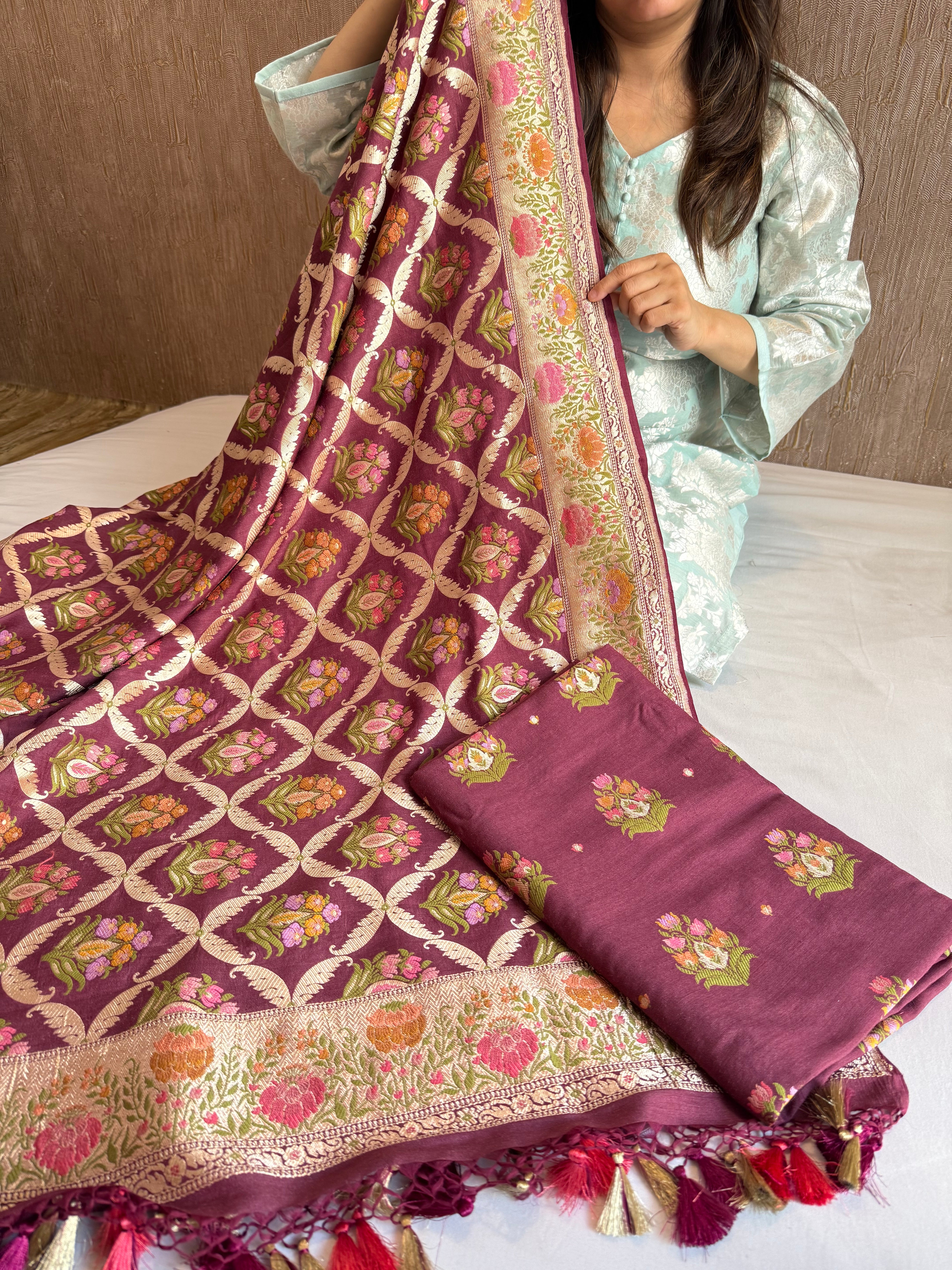 Deep purple moonga silk heavy meenakari kadhwa buti suit set