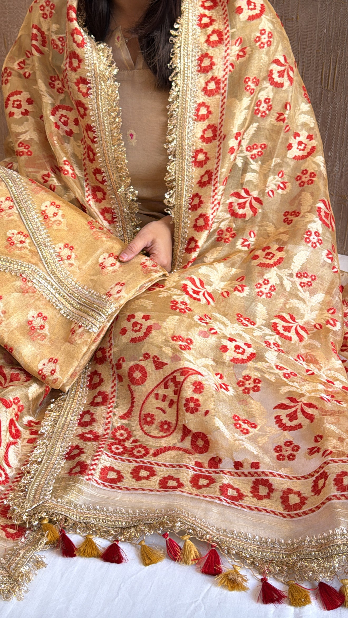 Vivah edit - Golden tissue silk jamdani meenakari weaving hand embroidered kadhwa suit set