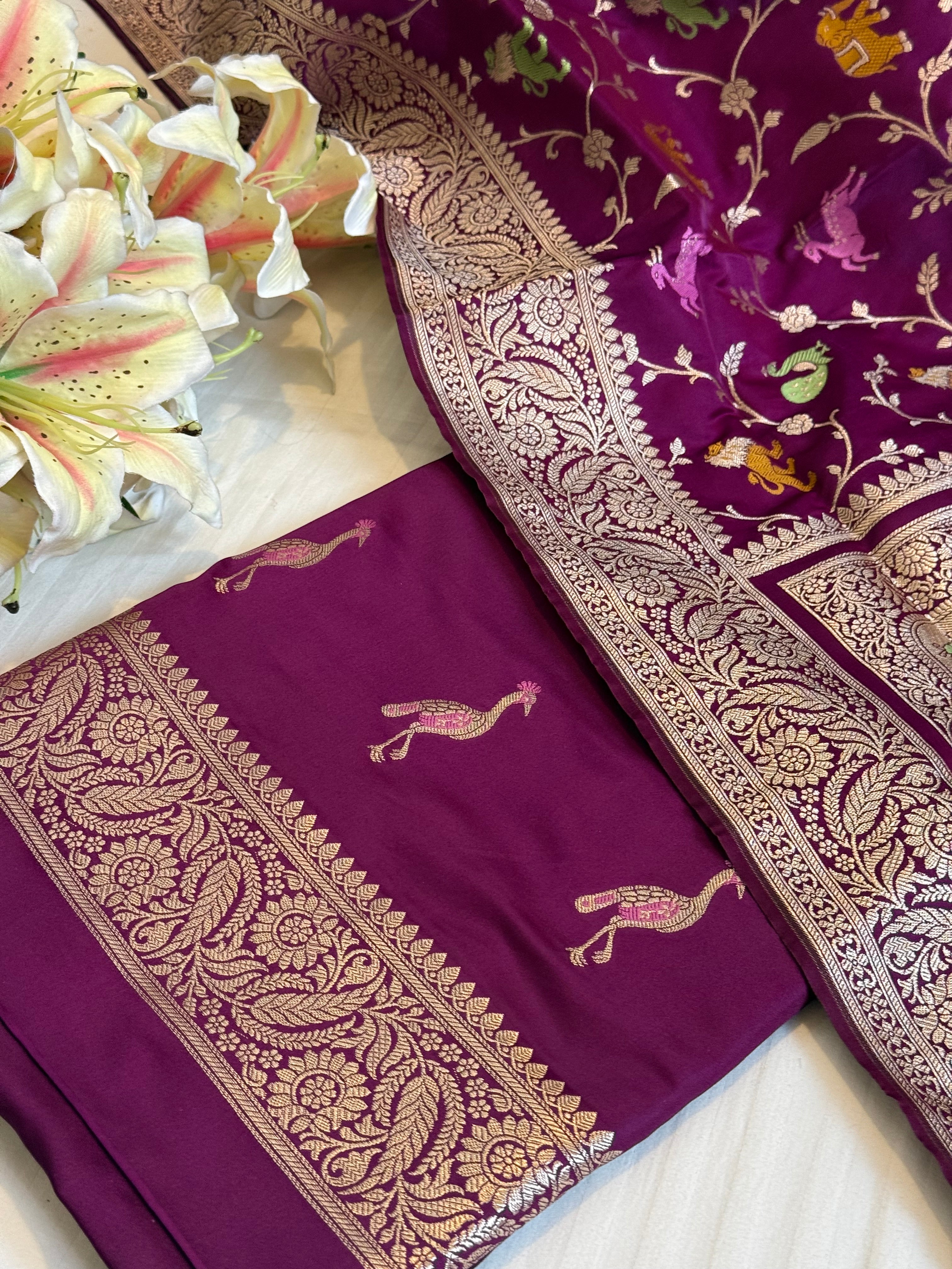 Deep purple mashru satin silk shikargah motif Banarasi silk suit set