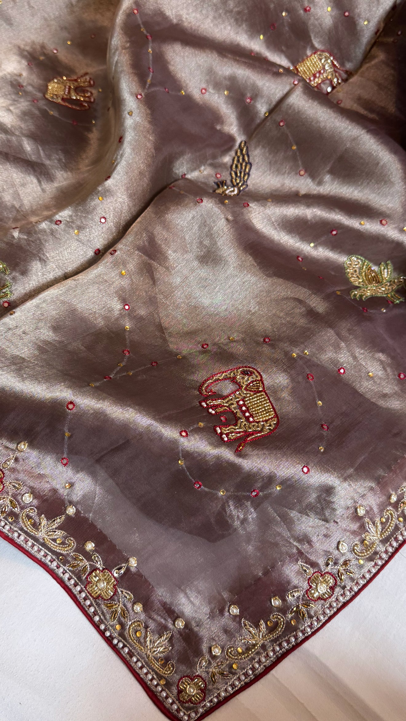 Shikarbagh edit metallic silver diamond tissue silk hand embroidered kadhwa saree