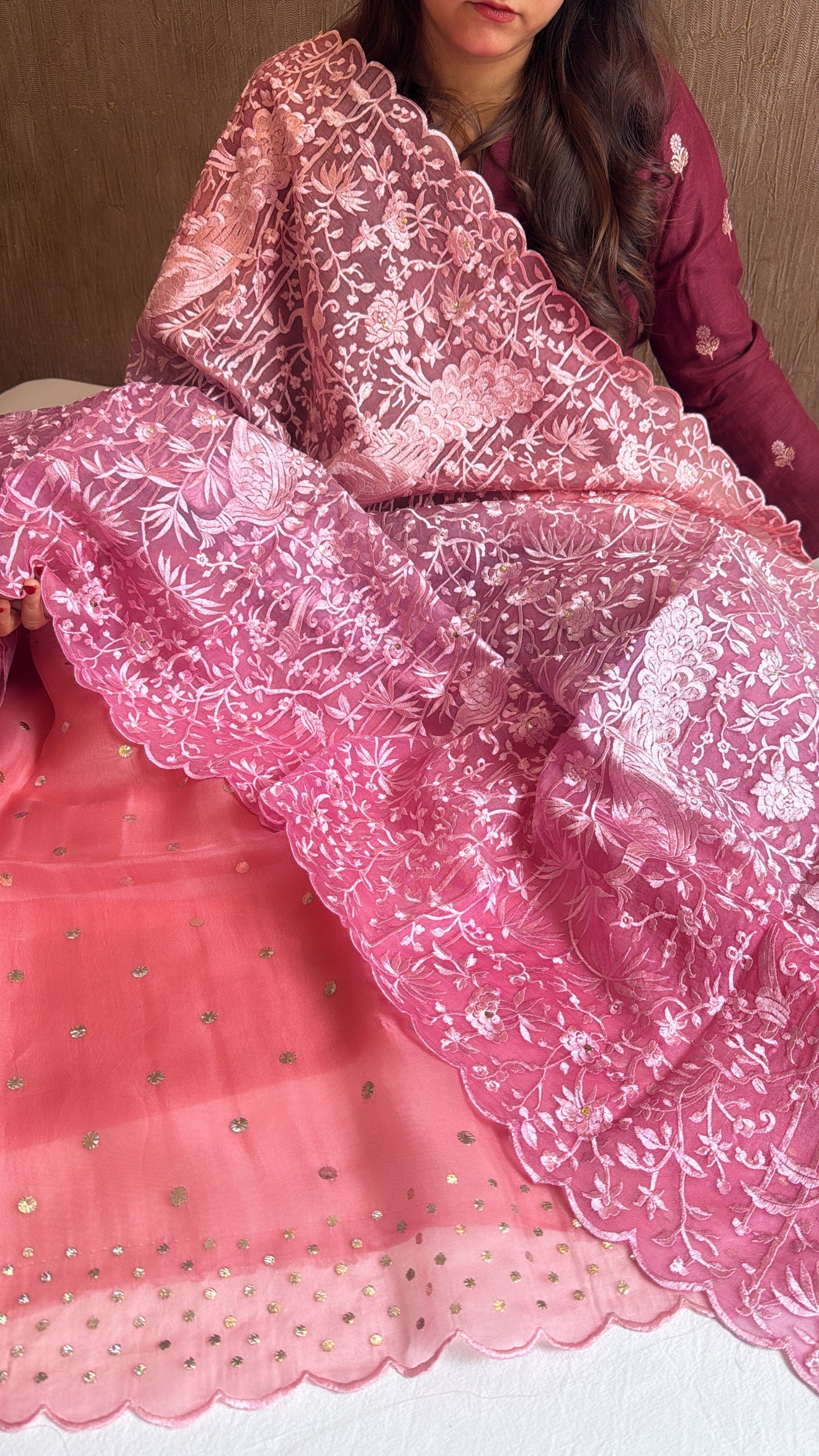 Shades of pink peach - Parsi gara kora silk resham and mukaish work hand embroidered suits
