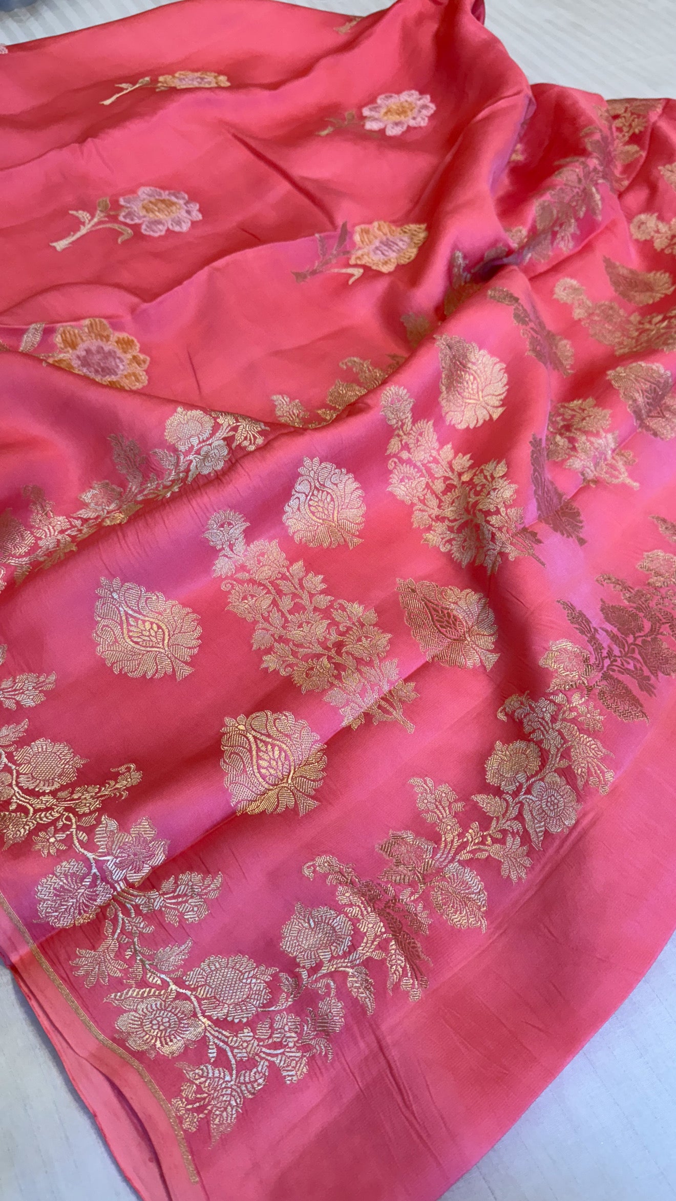 Peachish pink banarasi mashru silk velvet buti kadhwa weaving saree