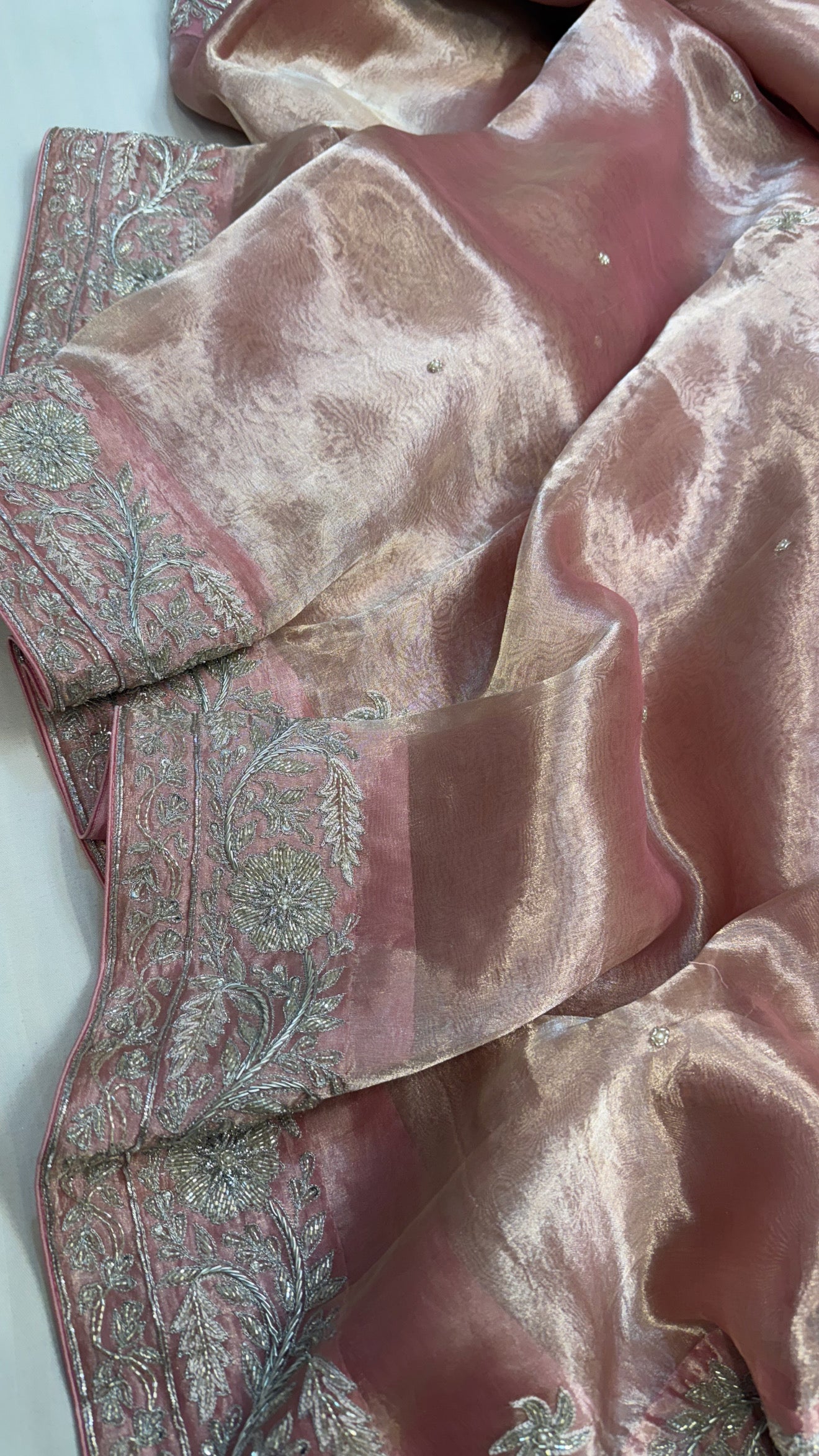 Gulab ki pankhuri husn tissue silk heavy zardozi border hand embroidered saree