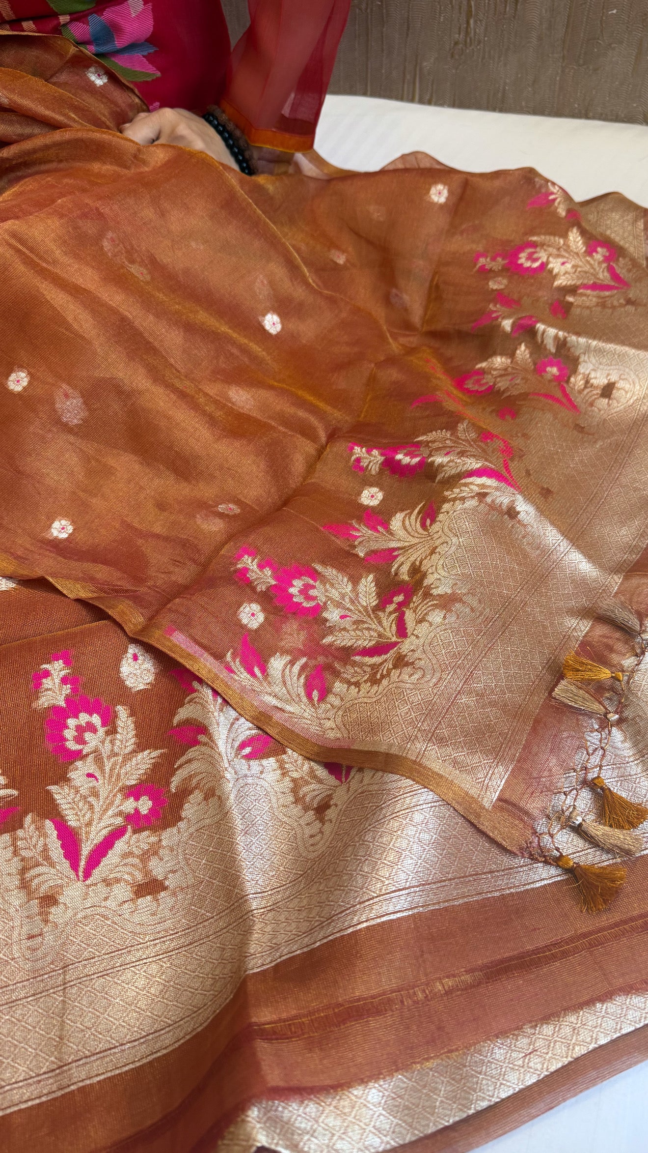 Linen tissue soft orange meenakari kadhwa suit set