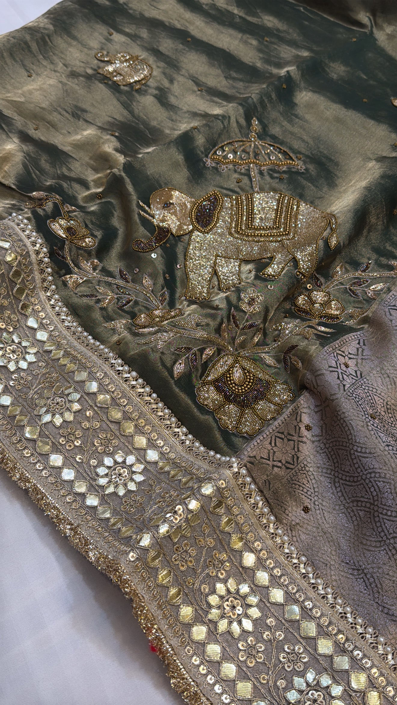 Varmala wali saree - Mint green elephant motif heavy tissue silk hand embroidered saree