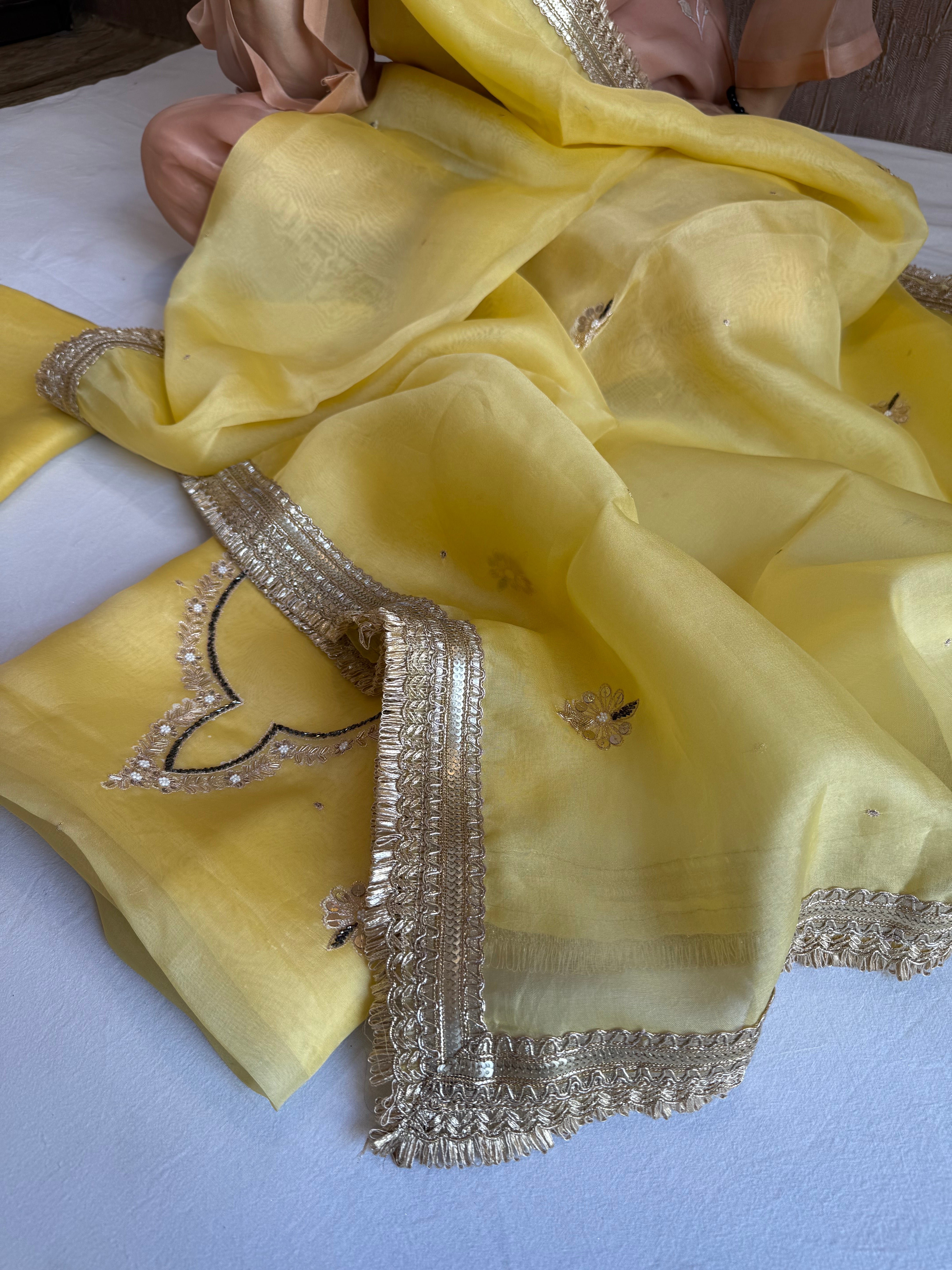 Aari and tilli hand embroidered butter yellow hand embroidered kadhwa suit set