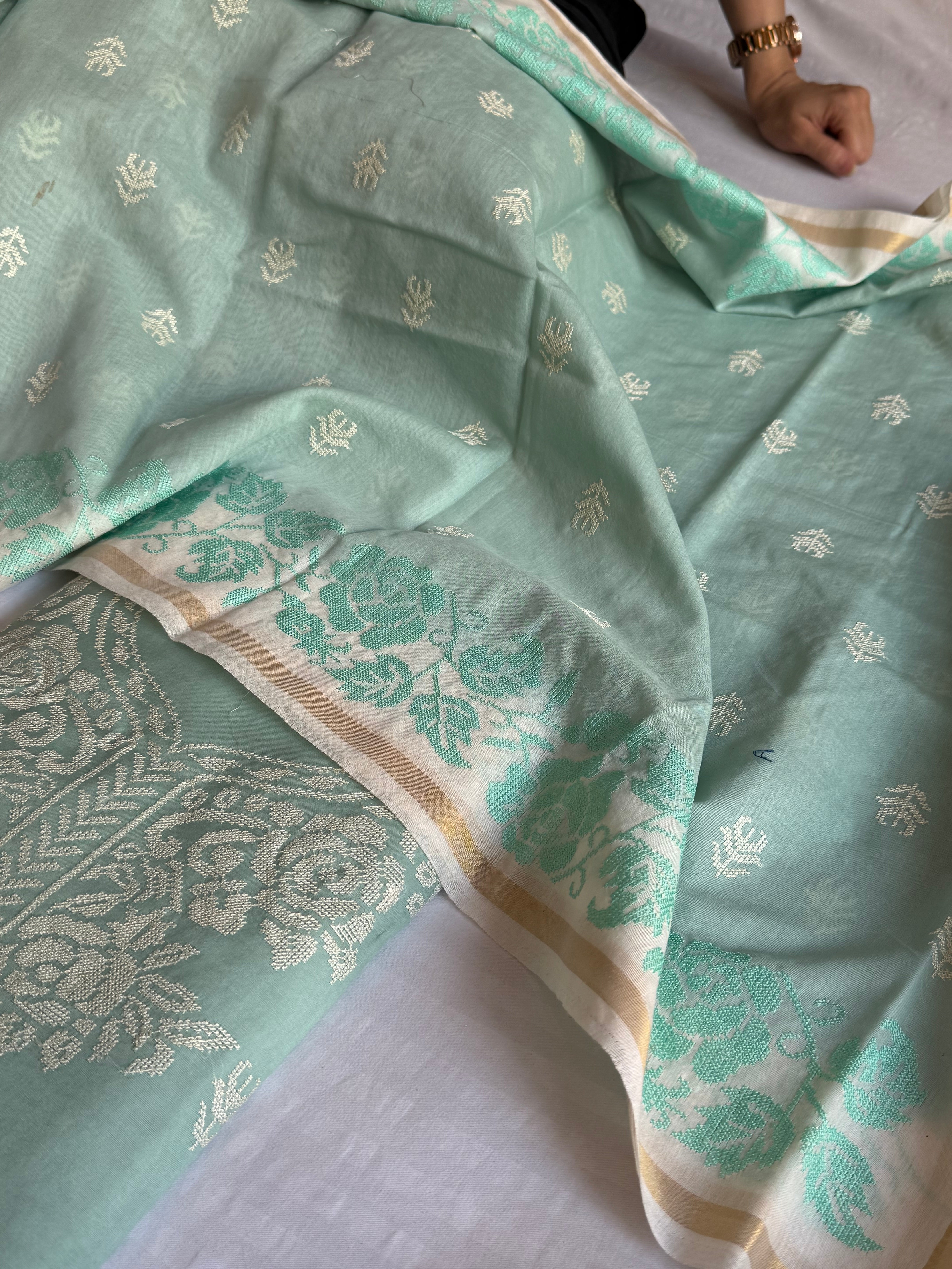 Fresh aqua green mul cotton cross-stitch hand embroidered suit set
