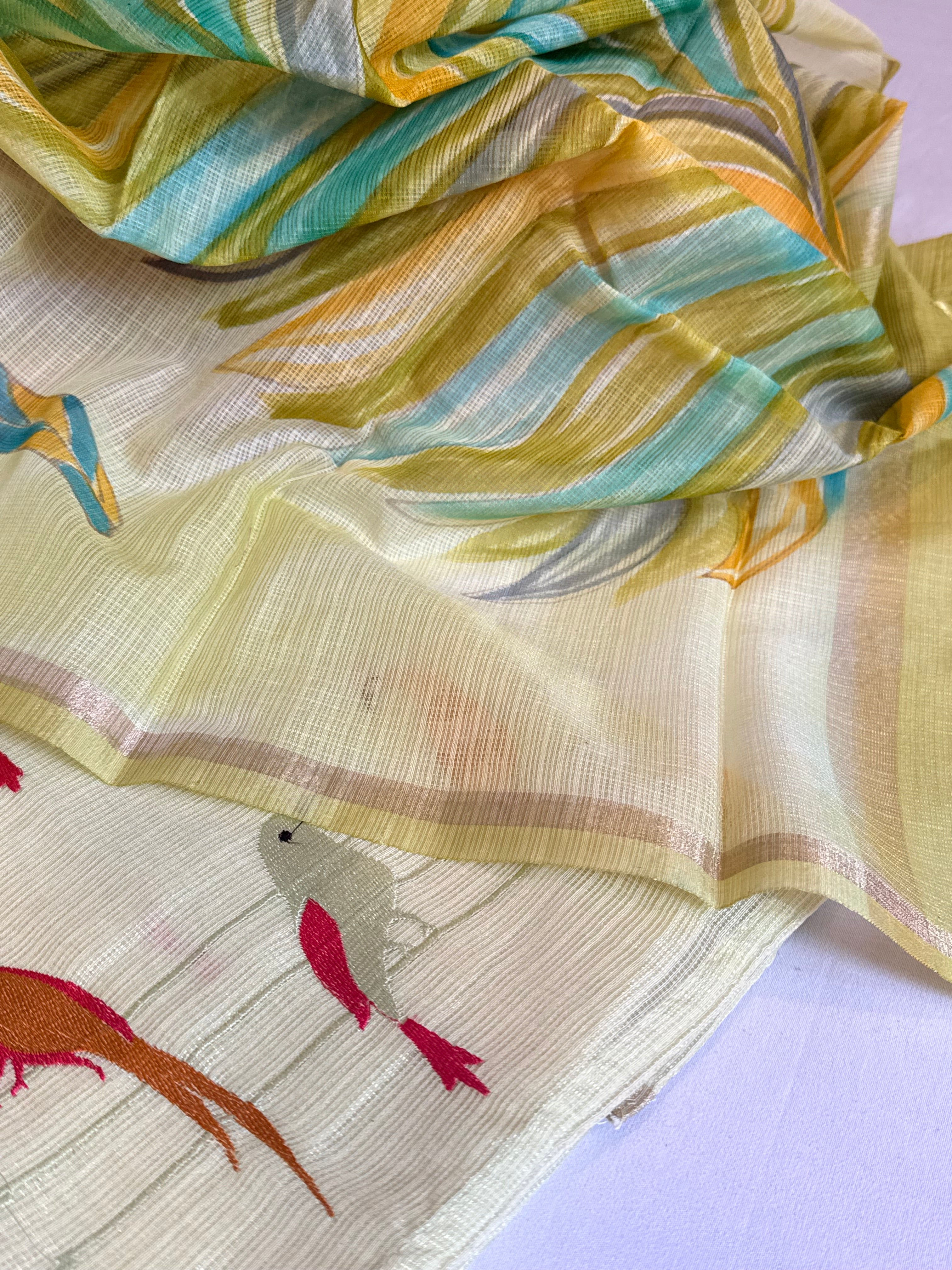 BELOW 8K - Lime shade cotton kota silk resham work banarasi suit set