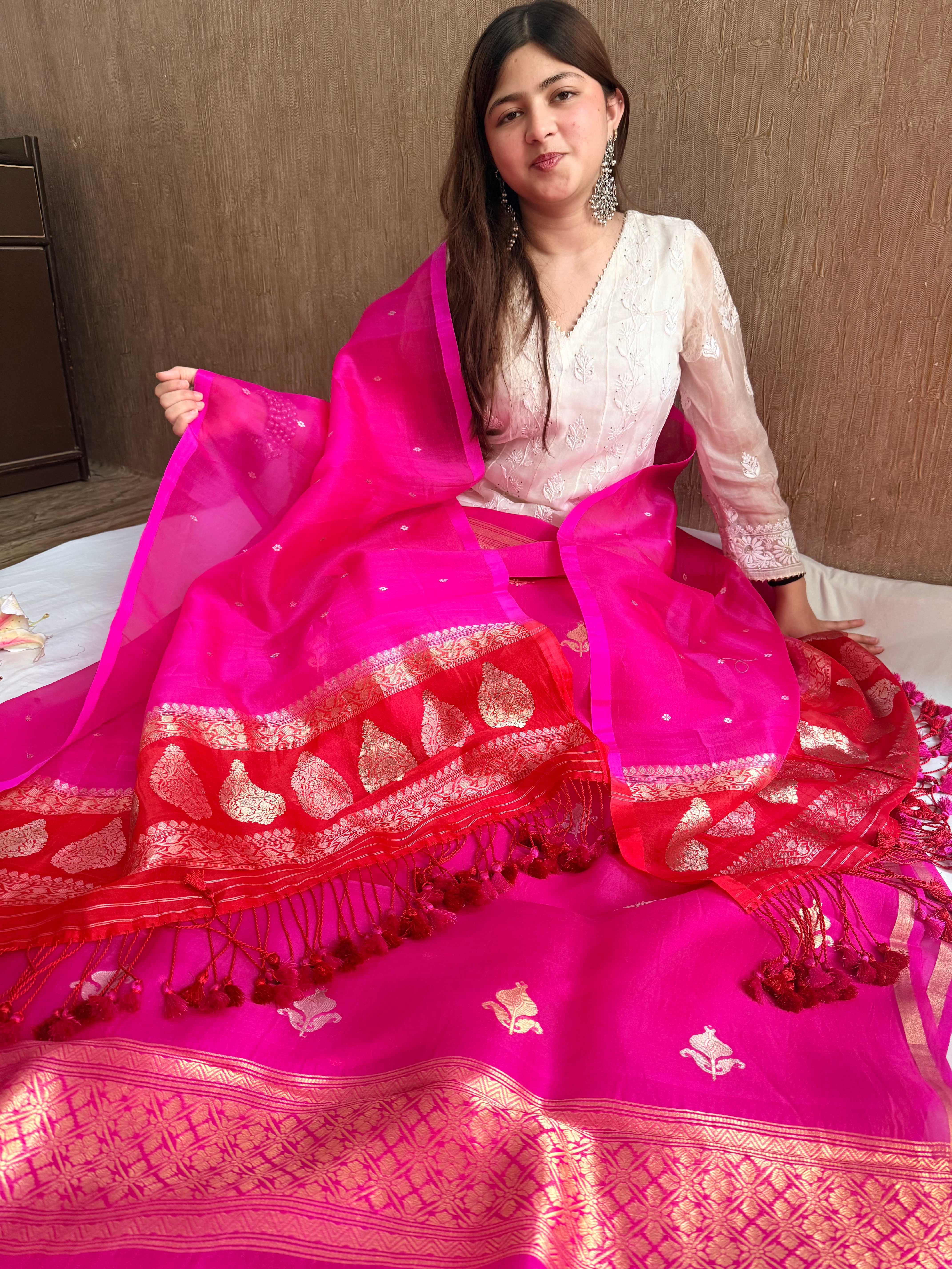 Red rani & orange shaded kora silk chal dye kadhwa banarasi suit set