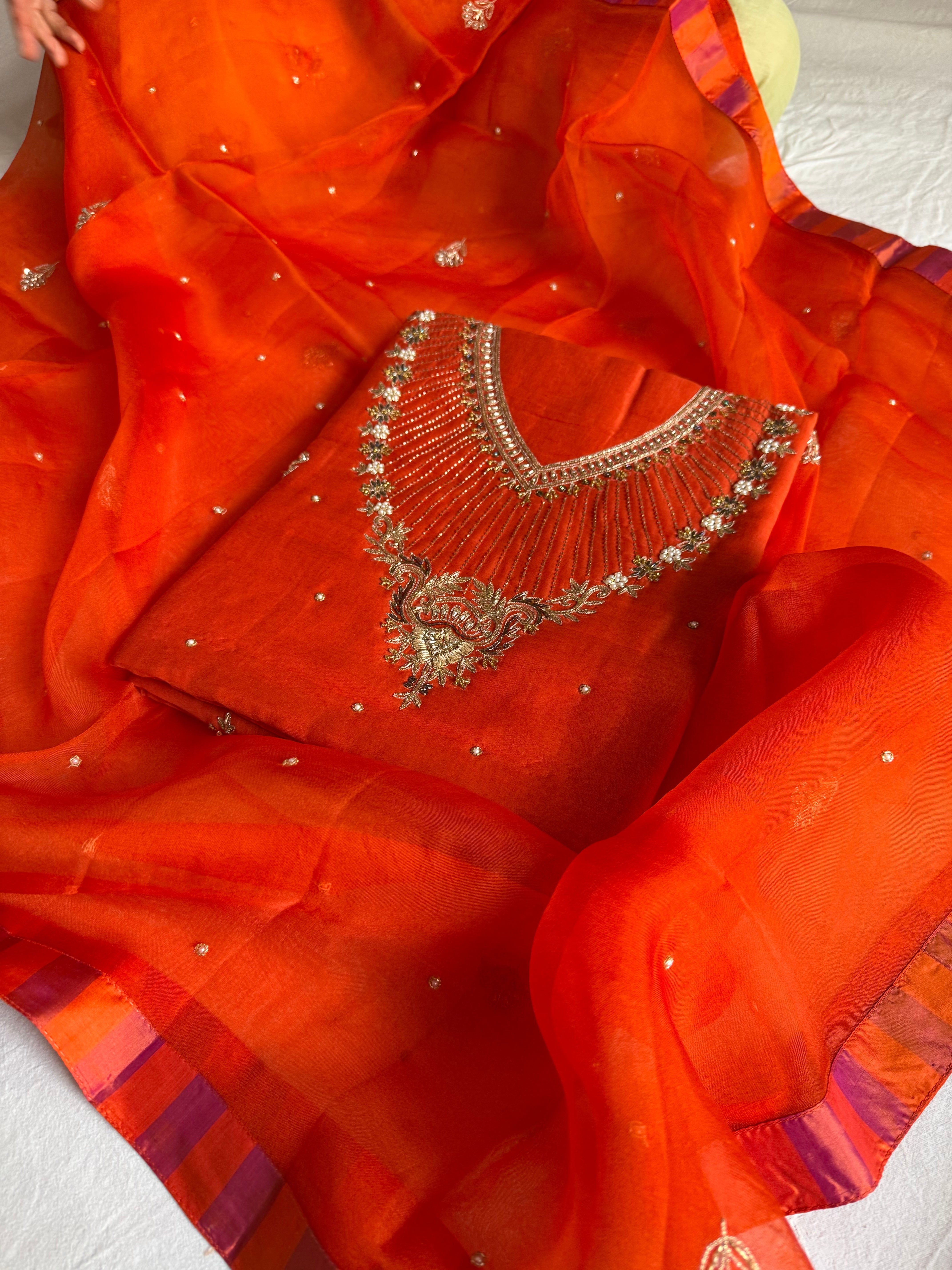 Banarasi formal wear mul cotton fanta orange hand embroidered kurta paired with kora silk banarasi border duppata set
