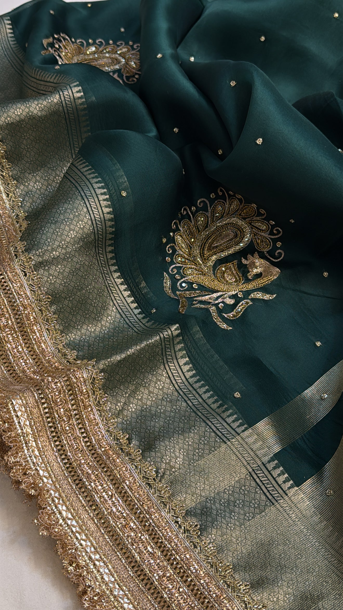 Forest green kora silk kadhwa hand embroidered gotapatti saree