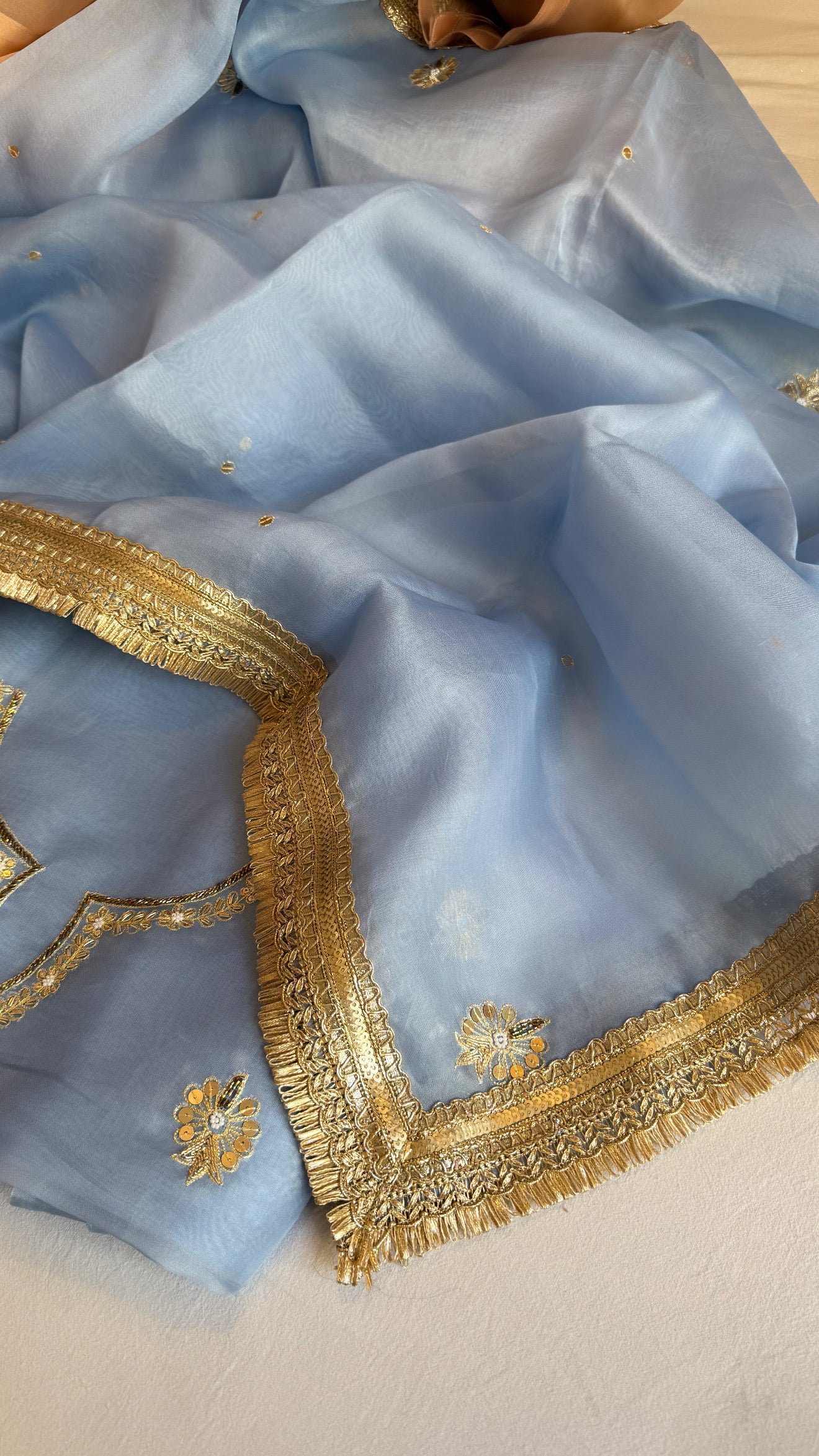 Aari and tilli hand embroidered kora silk water blue kadhwa suit set