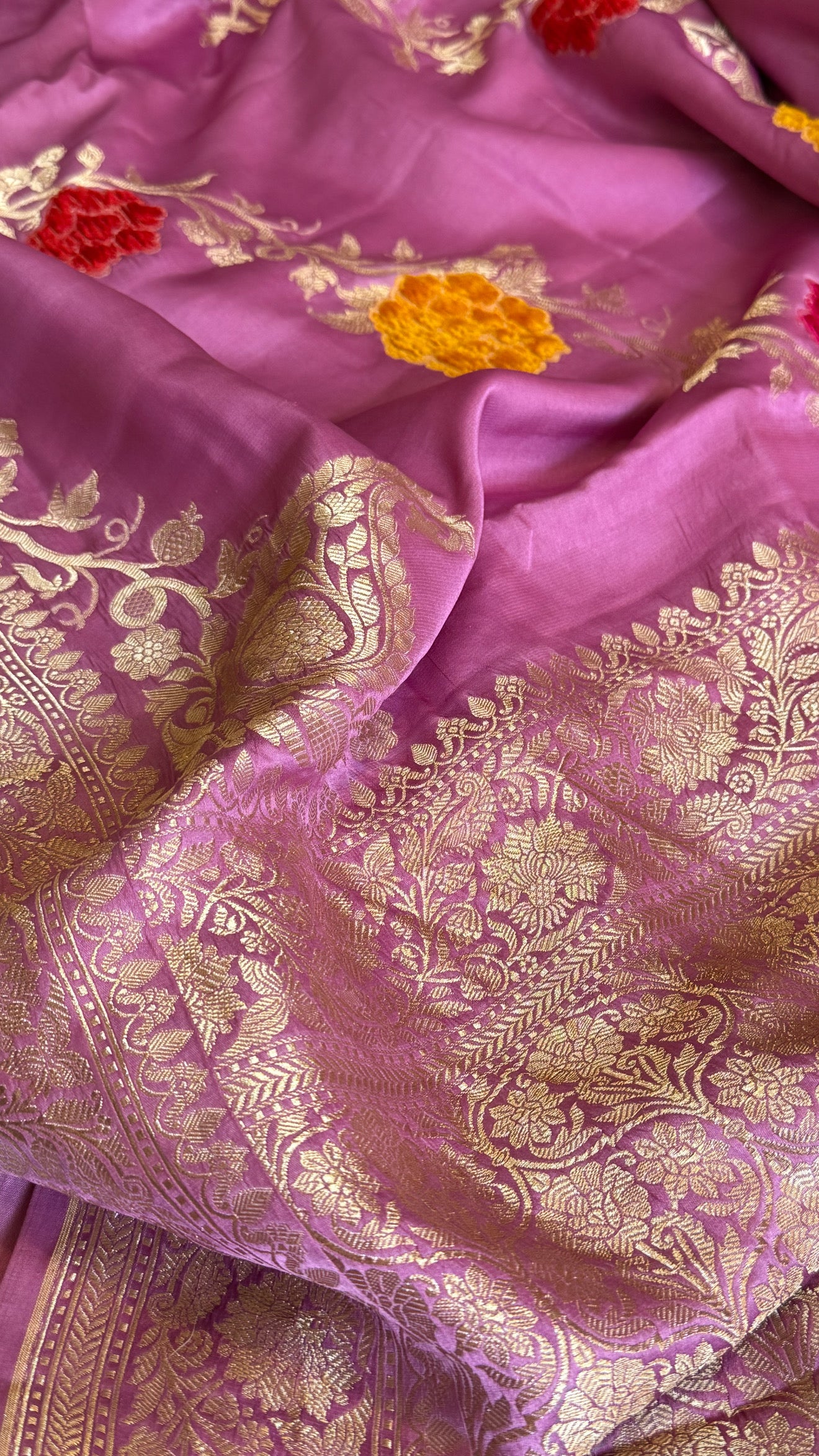 Banarasi lotus lavender pink mashru silk heavy weaving saree with velvet hand embroidered weaving