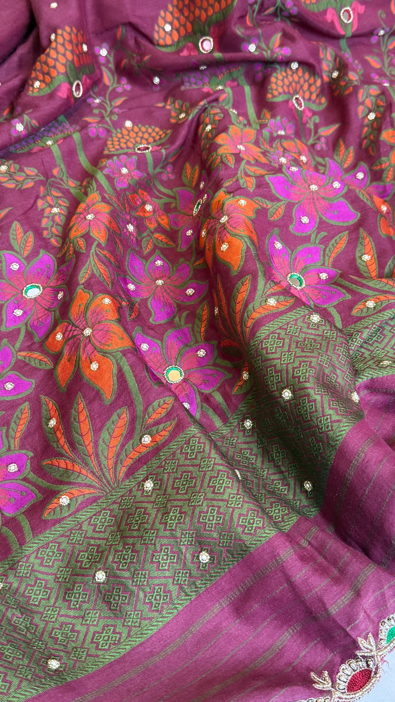 Moonga silk onion pink meenakari hand embroidered saree