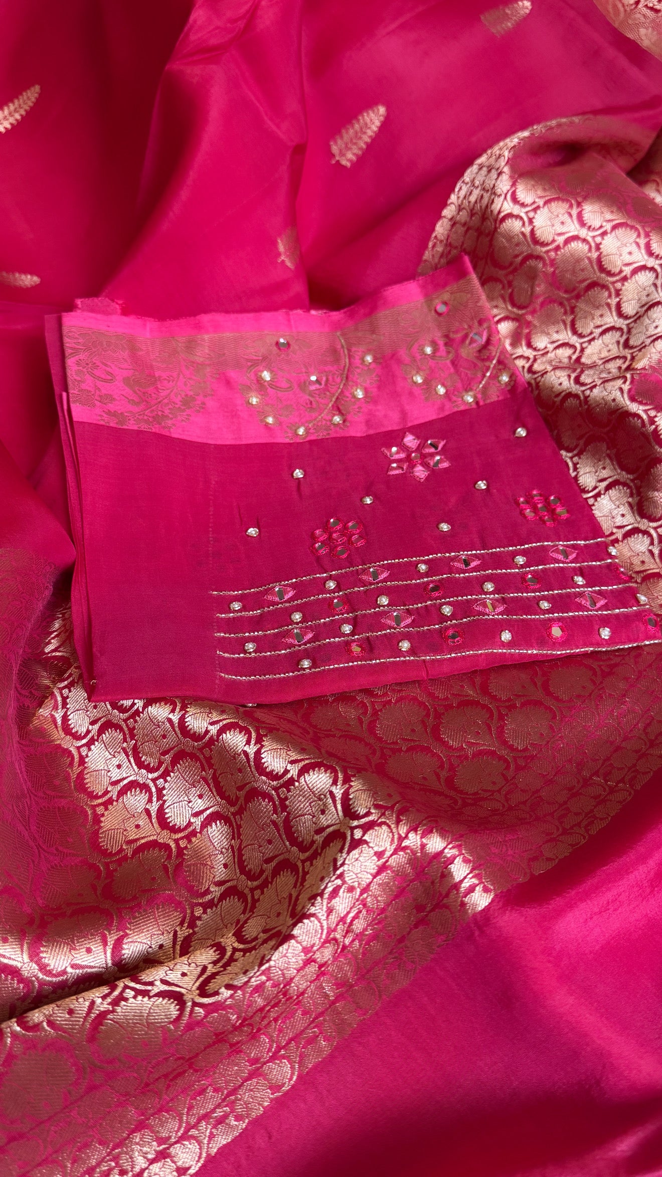 Rani pink banarasi kora silk hand embroidered kadhwa saree