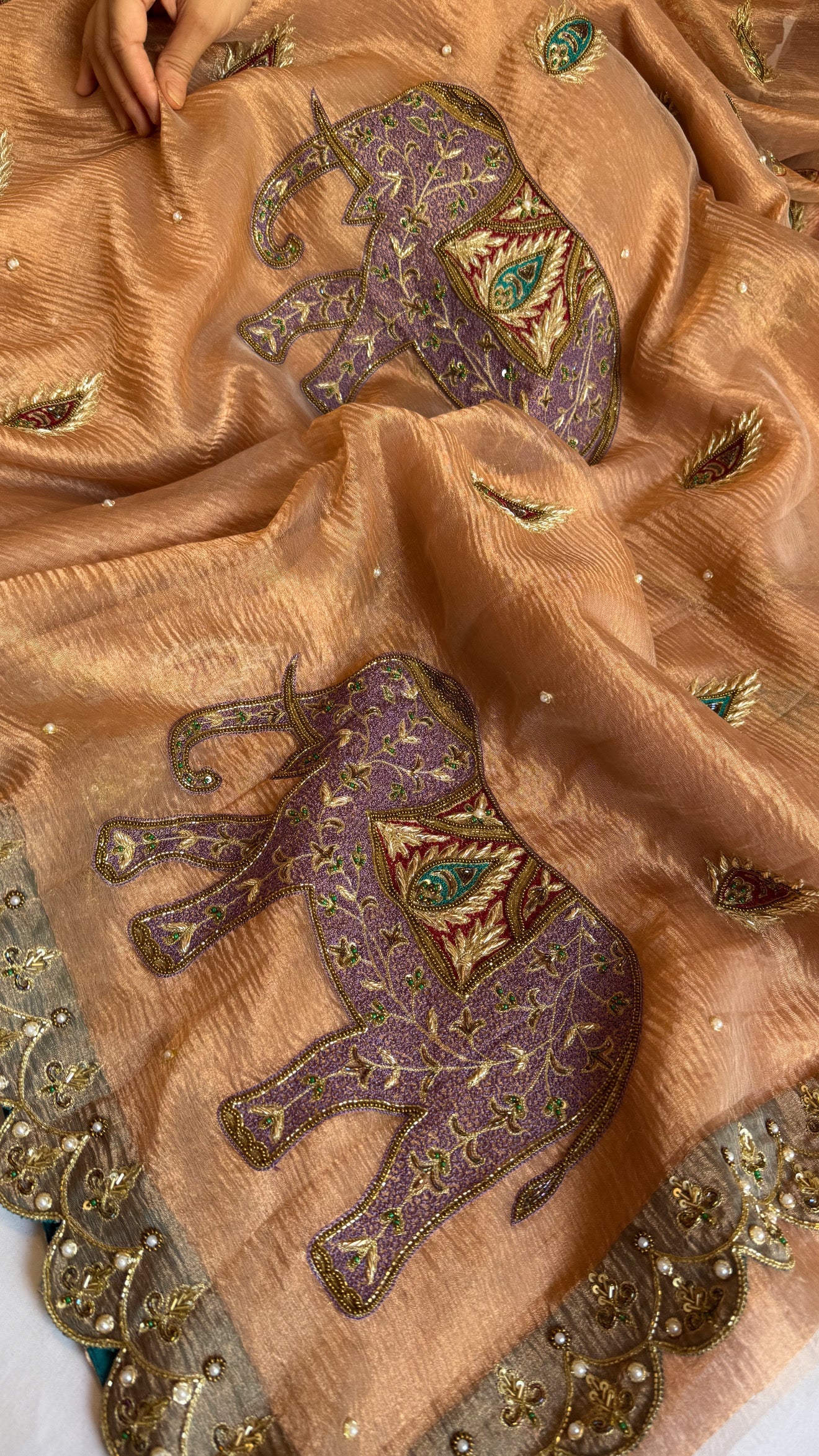 Gajgamini crushed copper tissue silk elephant meenakari motif heavy hand embroidered saree