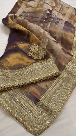 Dulhan wali saree - Royal purple-gold dhup chao effect tissue silk hand embroidered saree