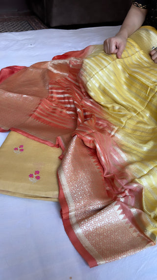 Meher sunset yellow moonga silk ombre shaded suit set