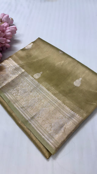 Pure banarasi lime green tissue silk handwoven kadhwa buti saree with kadhwa intricate border buti weaving