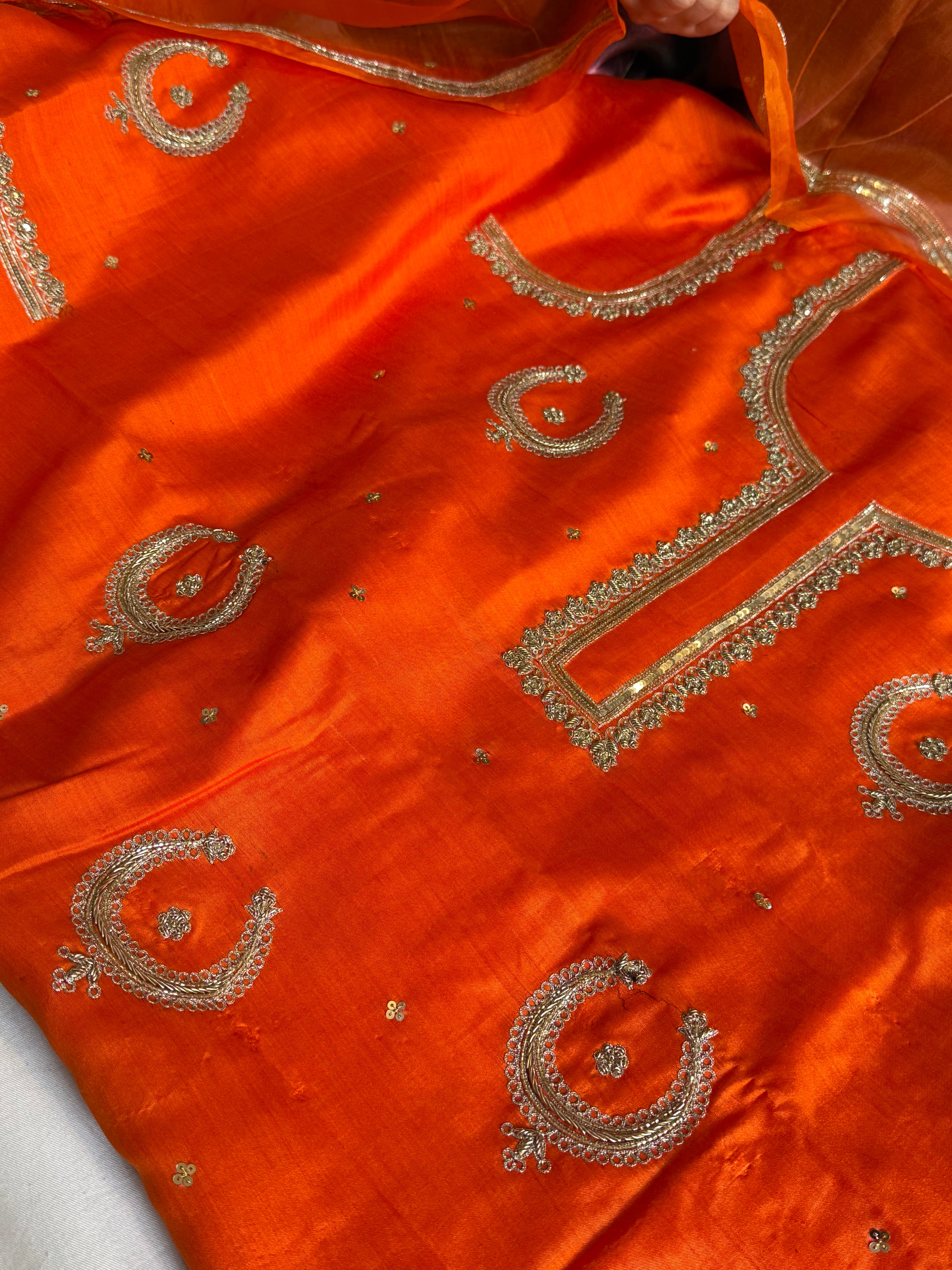 Fanta orange chand-buta chiniya silk kadhwa hand embroidered kurta paired with kora silk hand embroidered duppata set