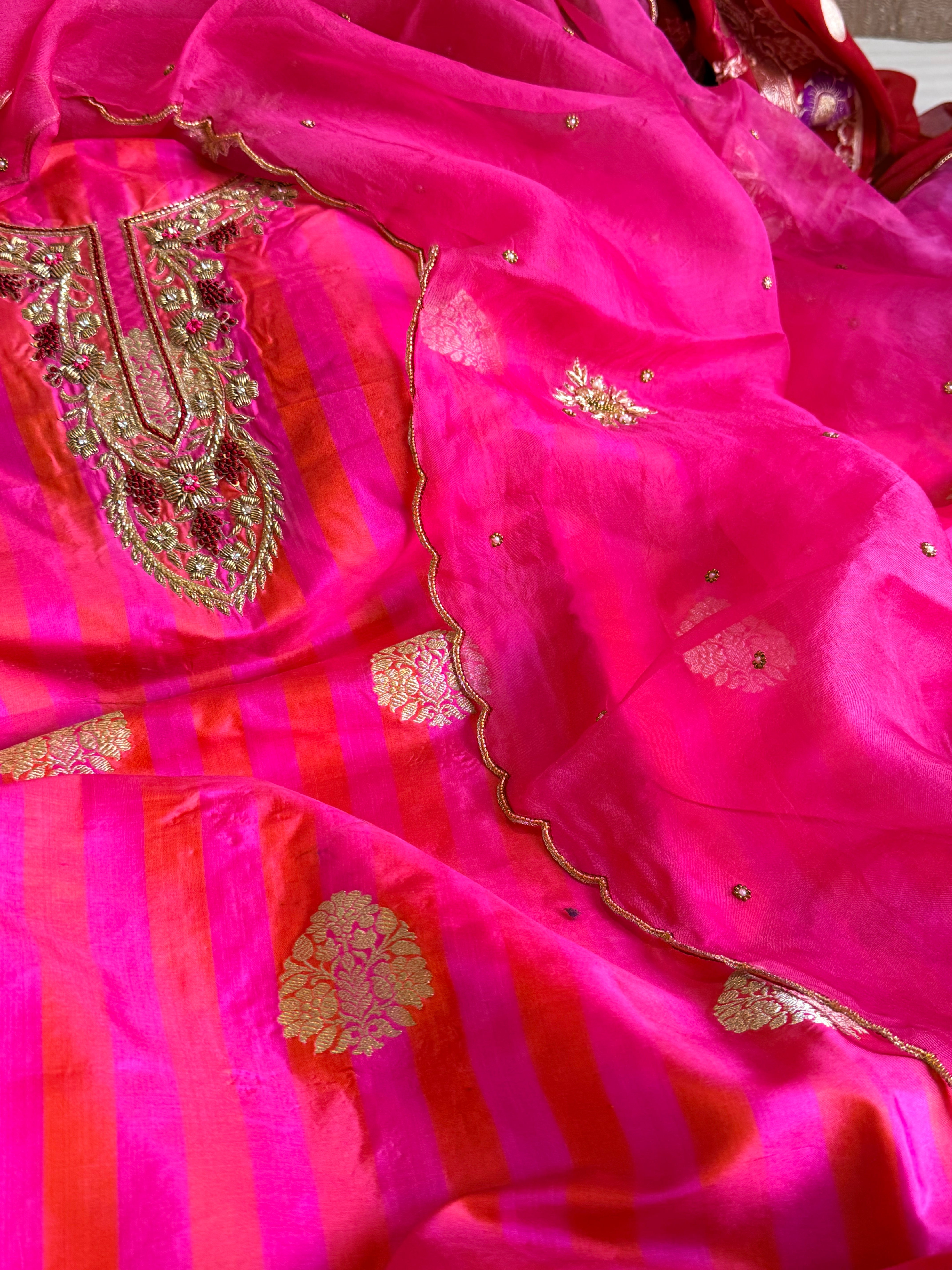 Katan silk kadhwa hand embroidered dhup chao effect suit set