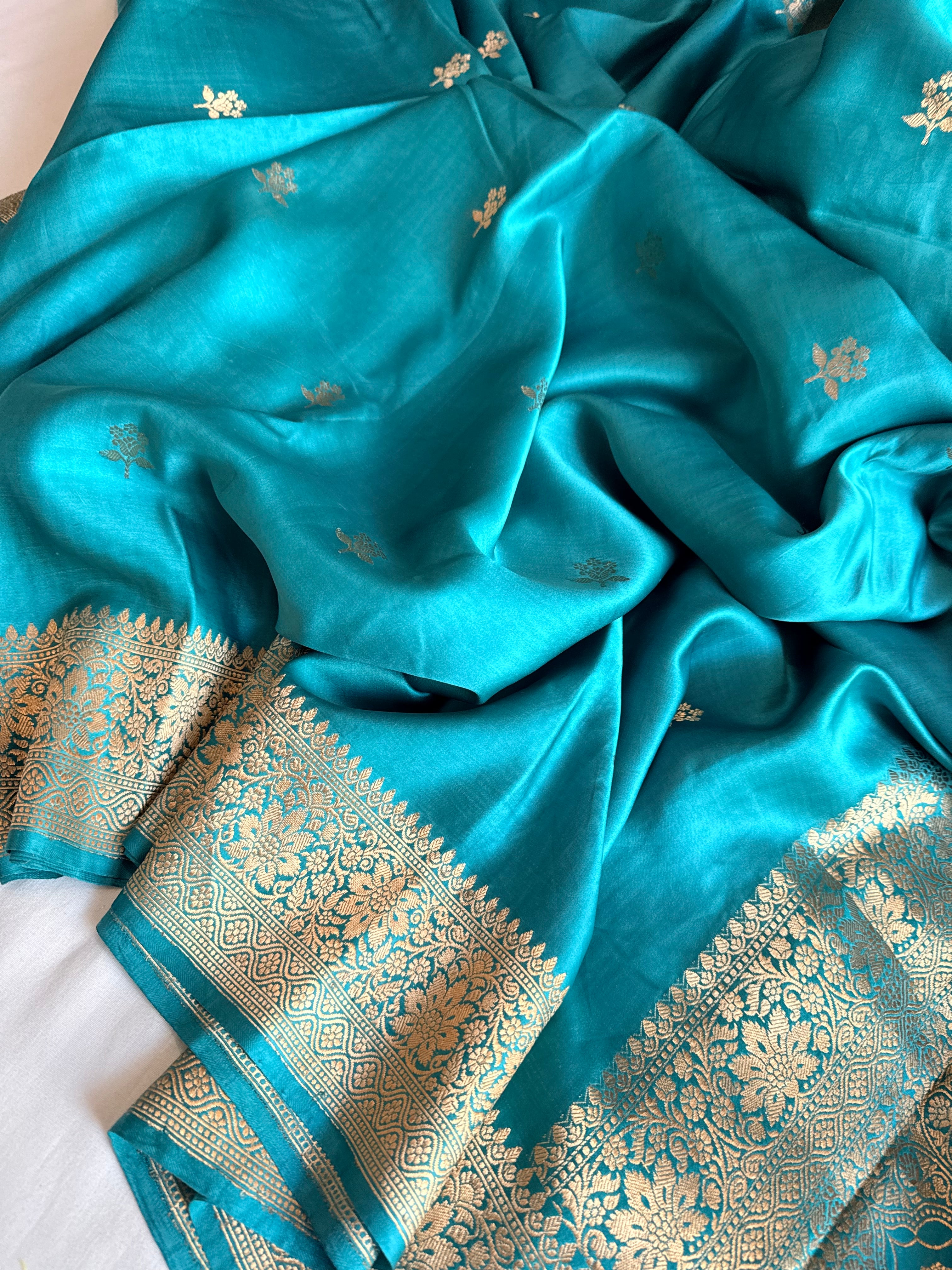Firozi blue banarasi mashru silk kadhwa buti saree