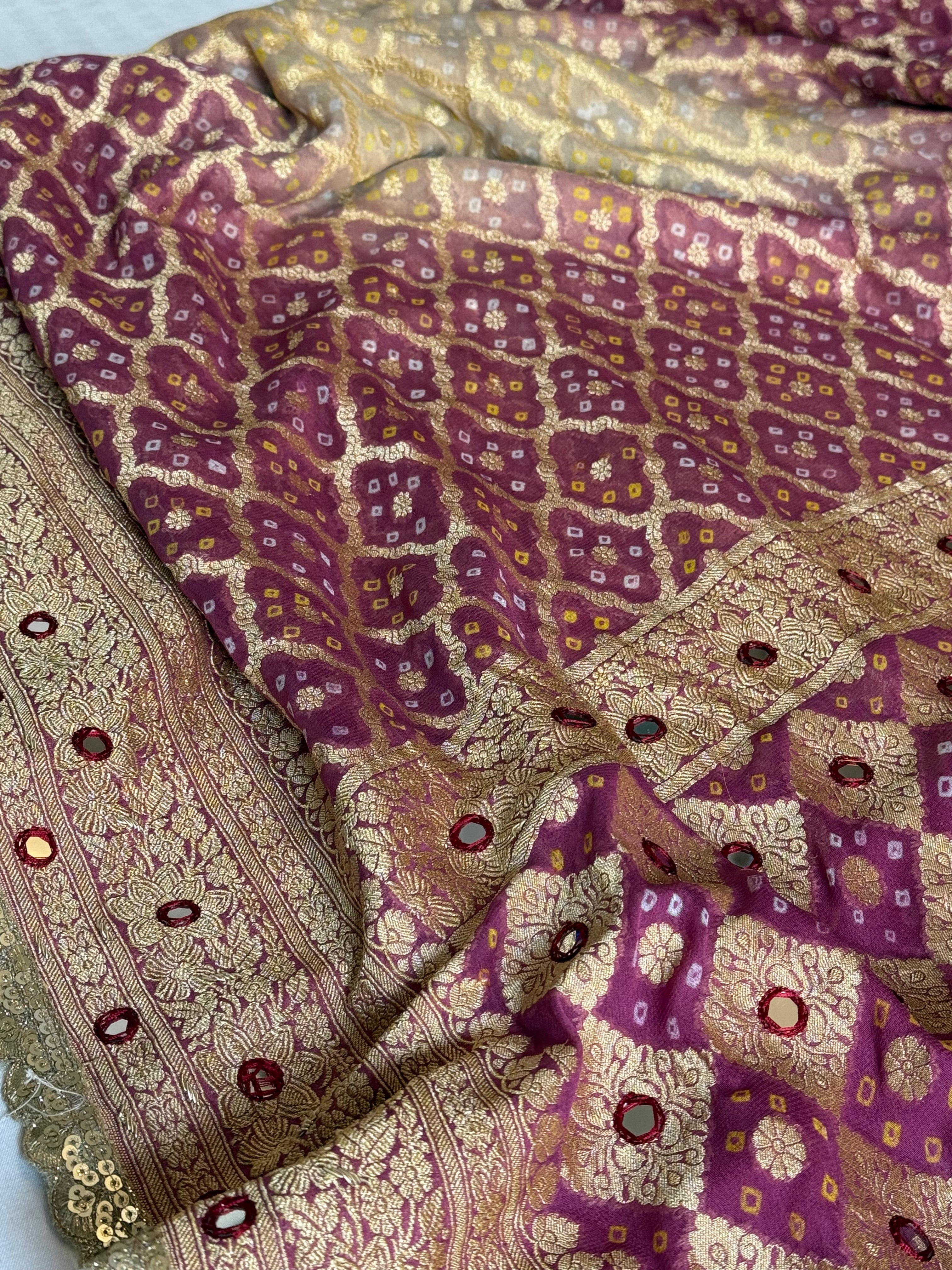 Lotus pink ombre shaded banarasi rai bandhej chiffon gorgette hand embroidered saree