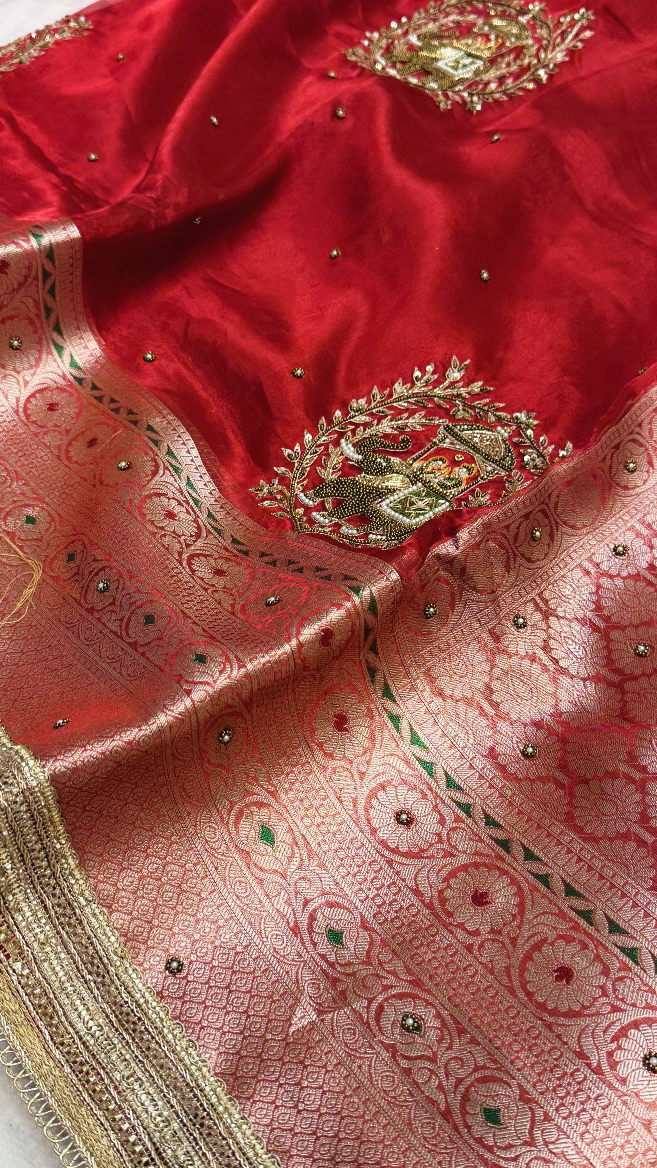 Karwachauth special - Blood red tissue silk baarat motif hand embroidered saree