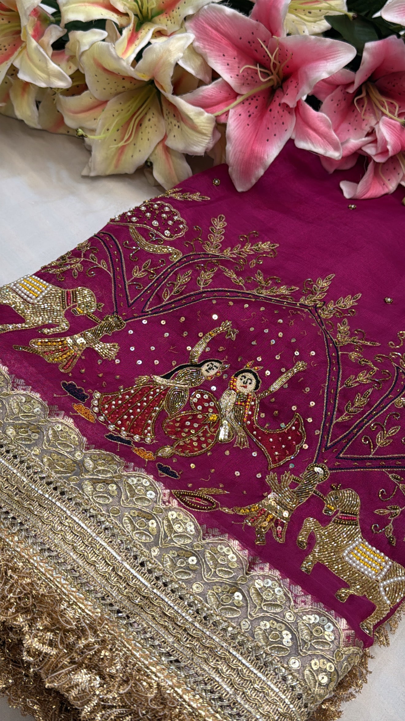 Hot pink rasleela tissue silk hand embroidered kadhwa saree