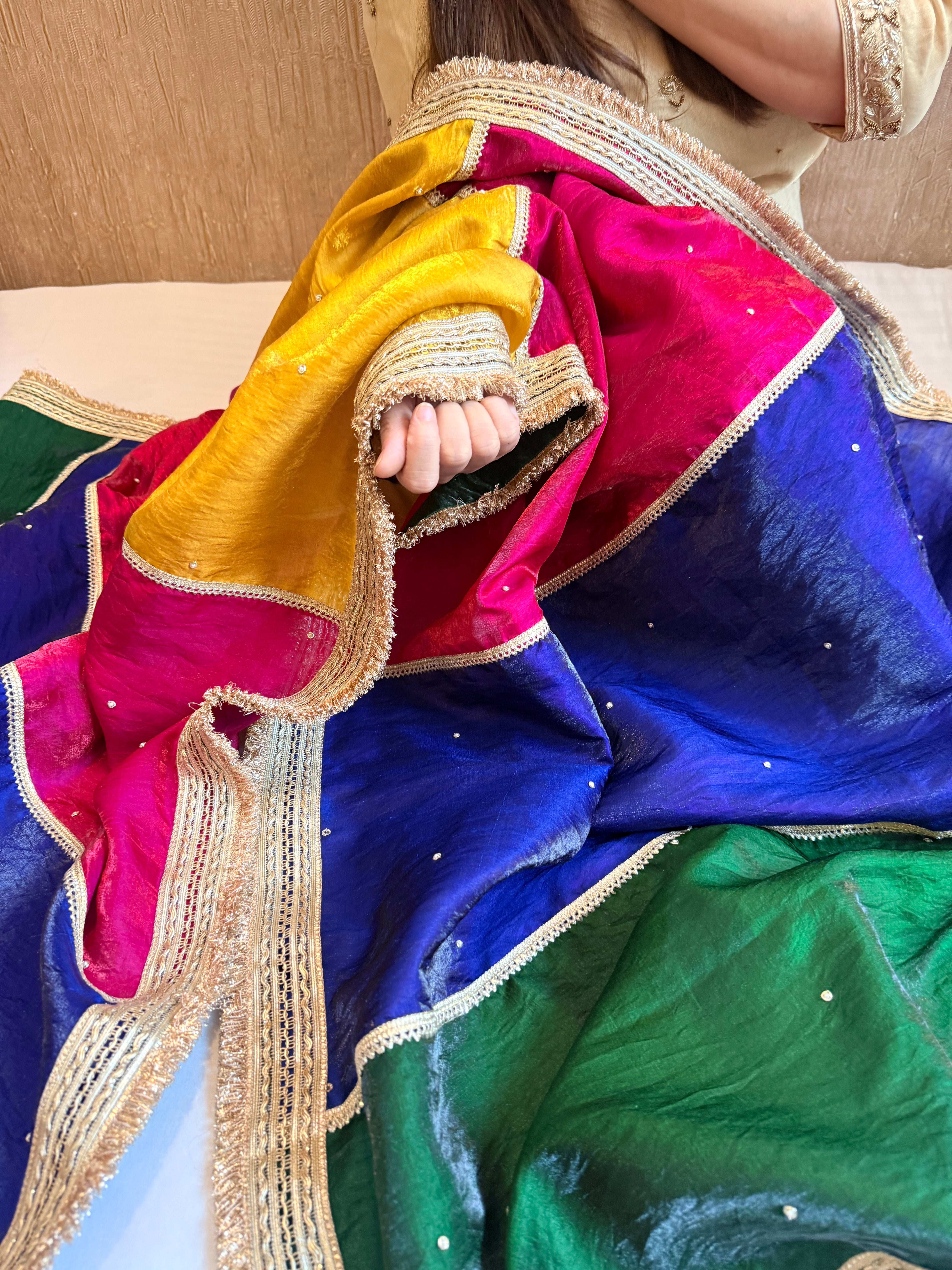 Pakistani tukdi multicolour satin tissue hand embroidered kadhwa duppata