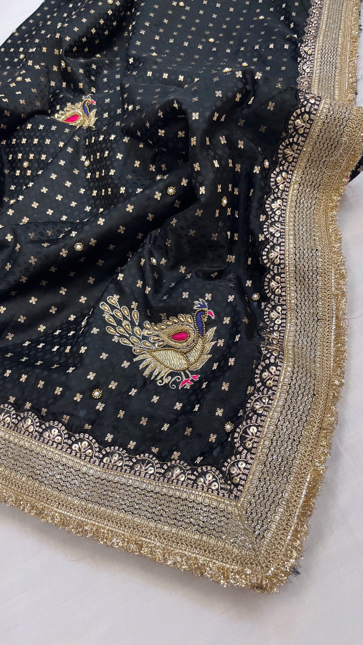 Husn black mashru silk tanchoi hand embroidered saree