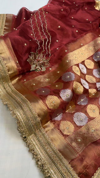 Baarat wali saree - Maroonish red husn tissue silk hand embroidered saree