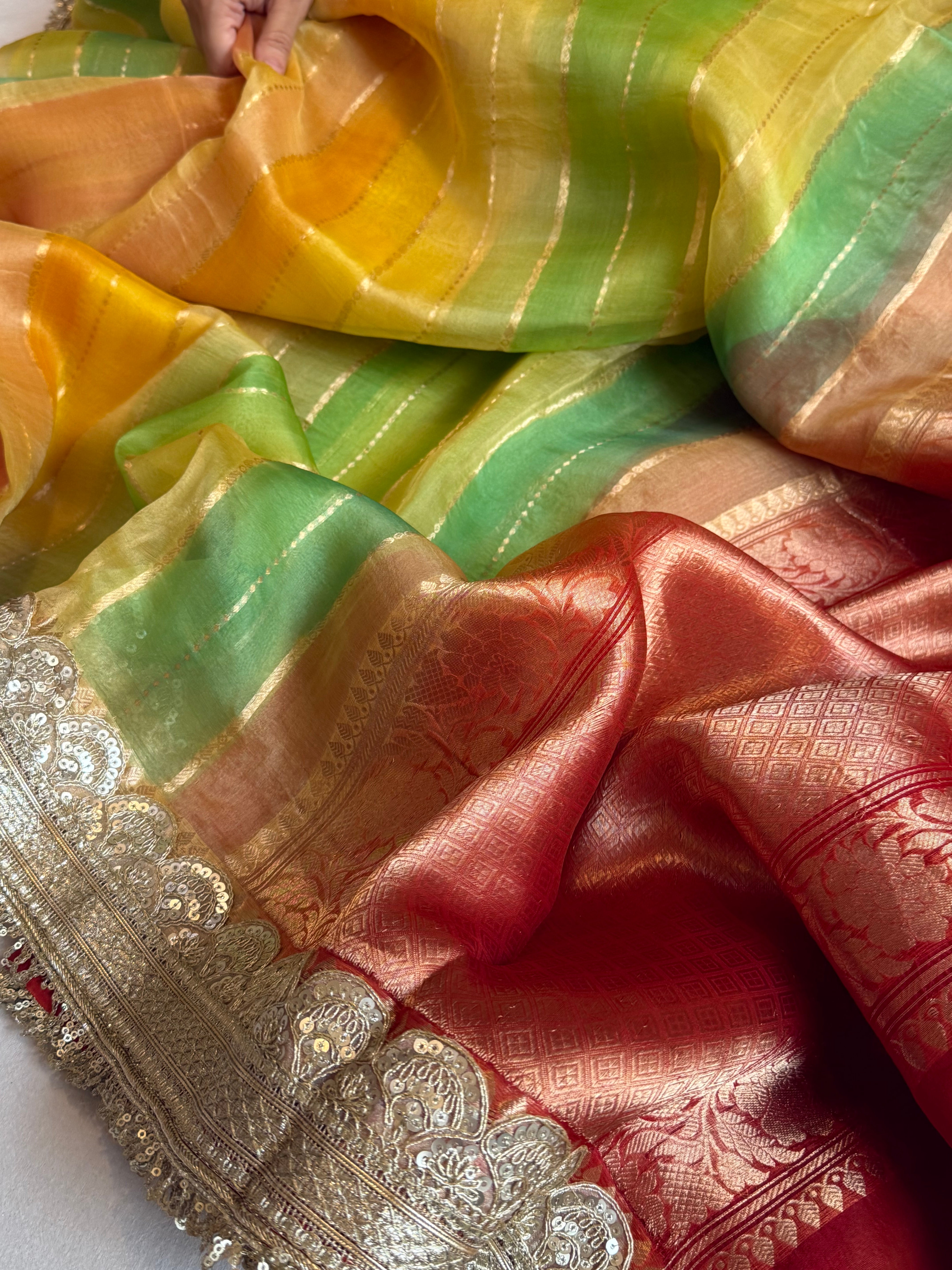 Rangeela edit kora silk striped rangkaat dye kadhwa banarasi saree