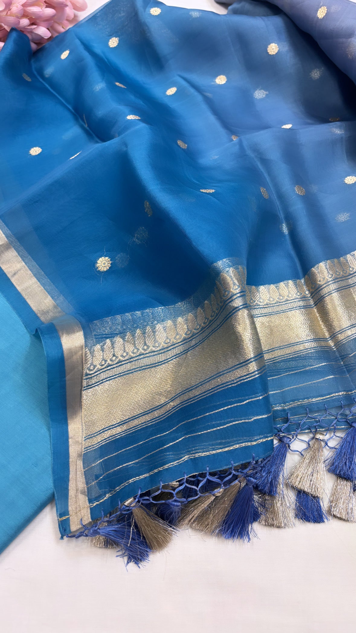Pure Banarasi aqua blue chiniya silk kadhwa suit set paired with kora silk ombre shaded kadhwa duppata and bottom set