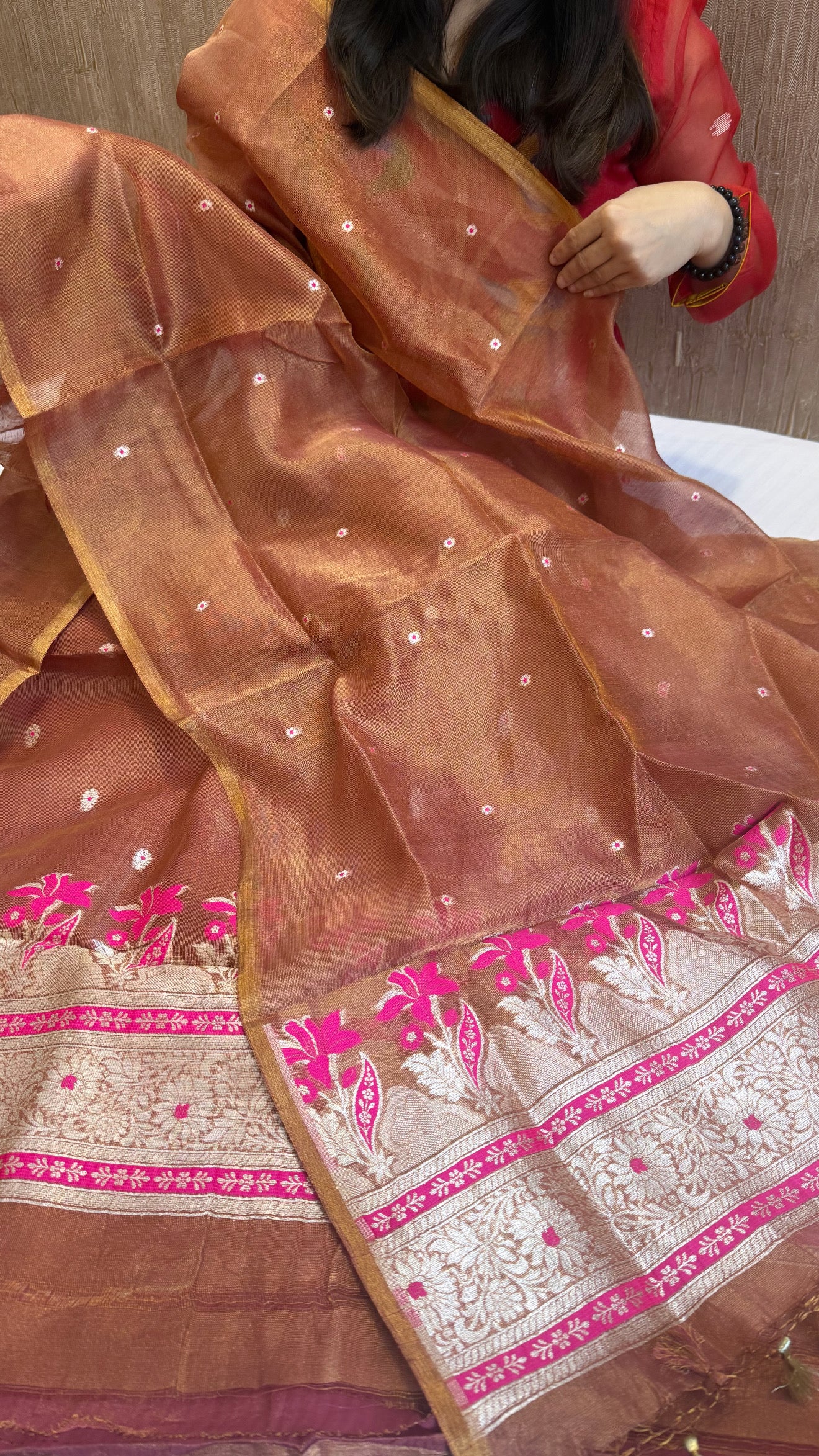 Linen tissue rust orange kadhwa meenakari suit sets