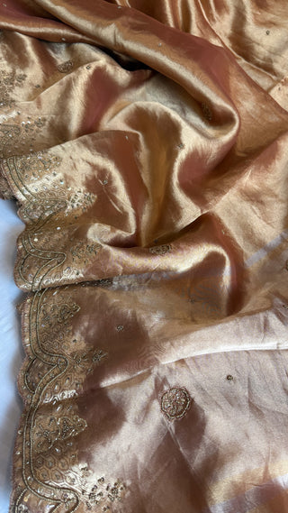 Husn onion peach tissue silk heavy hand embroidered saree