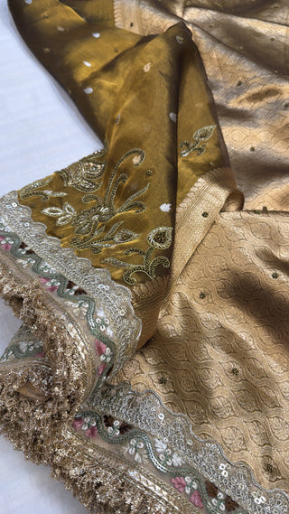 Dulhan wali saree - Antique gold tissue silk hand embroidered saree