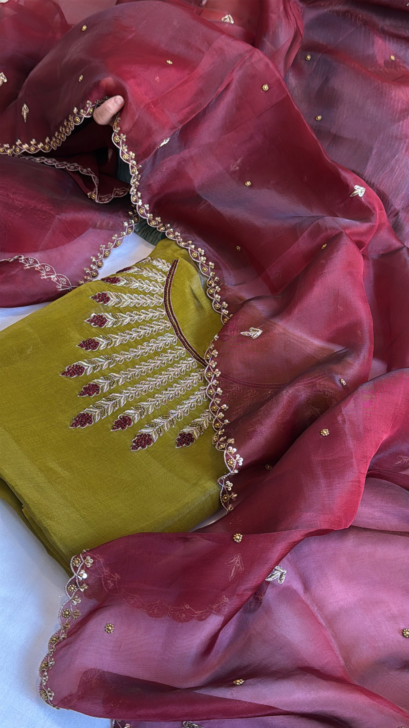 Olive green - maroonish kora silk heavy hand embroidered suit set