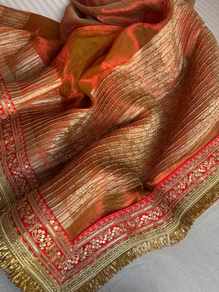 Metallic fanta orange dhup chao effect pleated maharani tissue silk saree