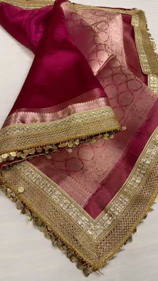 Maharani hot cranberry pink tissue silk kadhwa saree